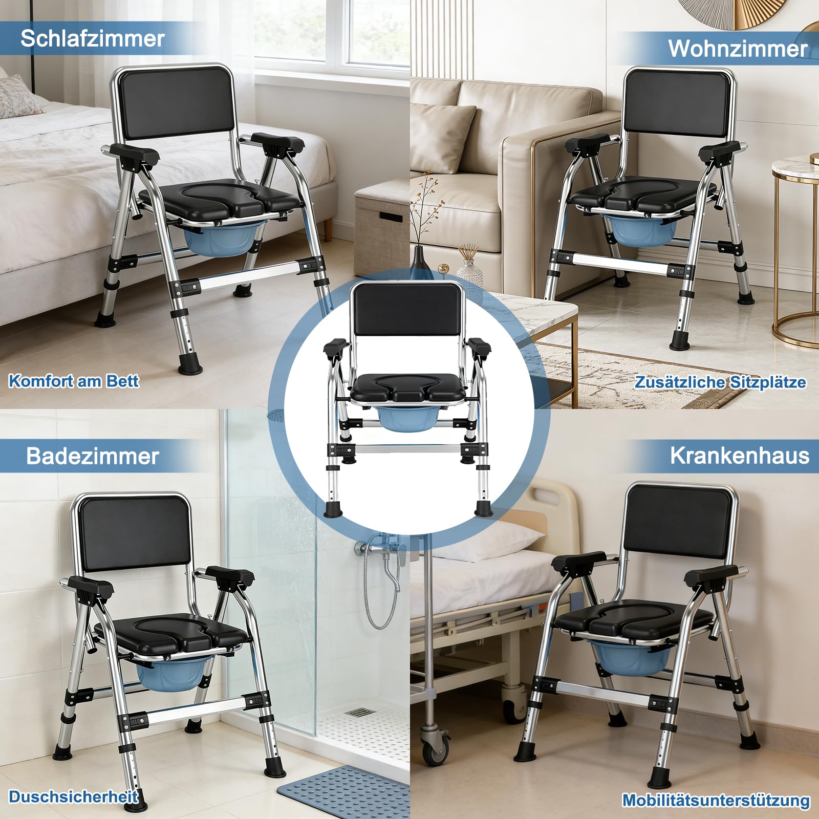 Klappbarer Toilettenstuhl, Höhenverstellbarer Nachtstuhl mit Gepolstertem Sitz, Tragbarer Toilettenstuhl mit Herausnehmbarem Eimer und Deckel für Schlafzimmer und Zuhause, Schwarz