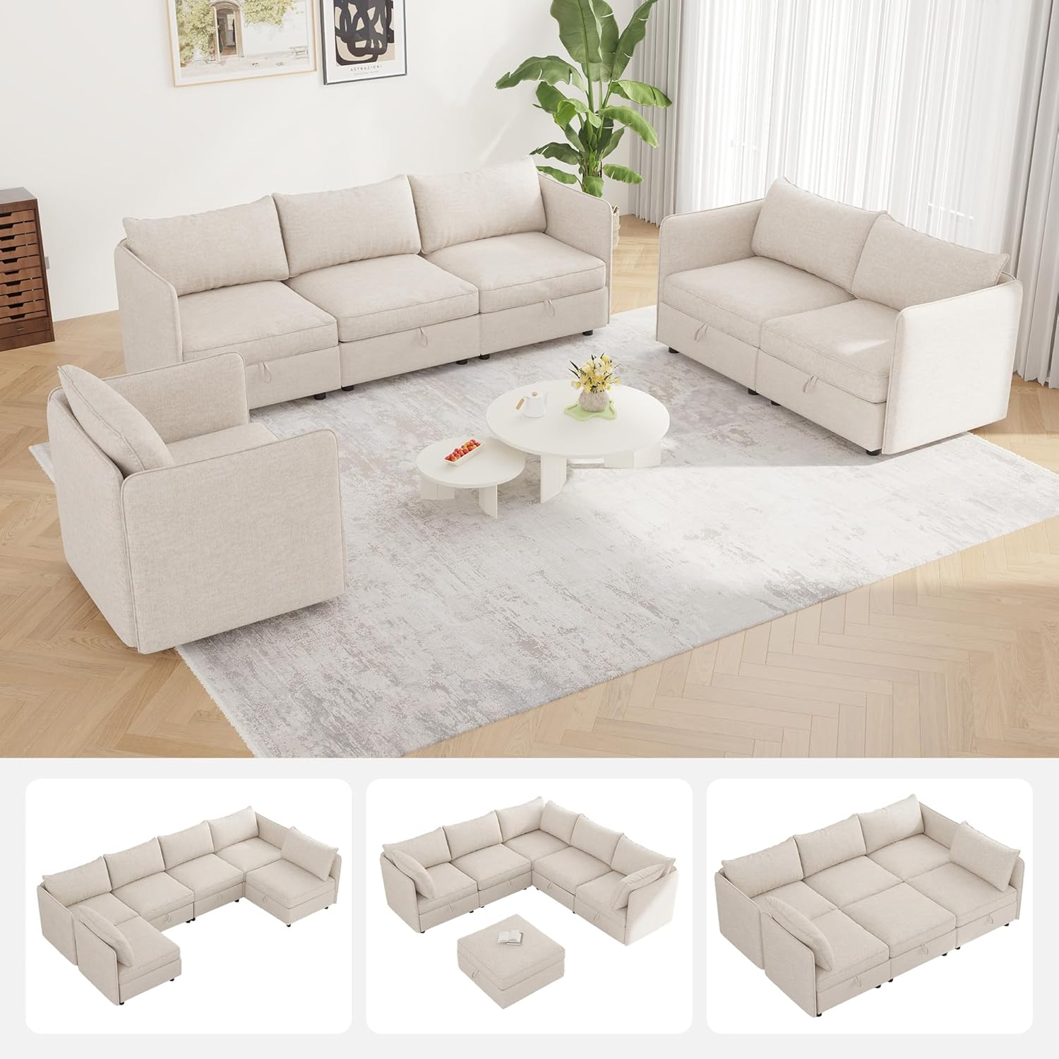3 Piece 6-Seater Living Room Sofa Set, Modern Upholstered 3-Seater Sofa, Loveseat & Armchair, Handmade Nailhead Trim, Ergonomic Deep-Seat Couch for Living Room (Beige, Rolled Arm)