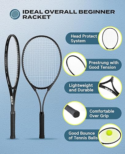 Miniatura 4 de HIRALIY Juego de raquetas de tenis de 27 pulgadas para adultos, raquetas de tenis preencordadas para 2 jugadores, 2 cintas de sobreagarre, 3 pelotas