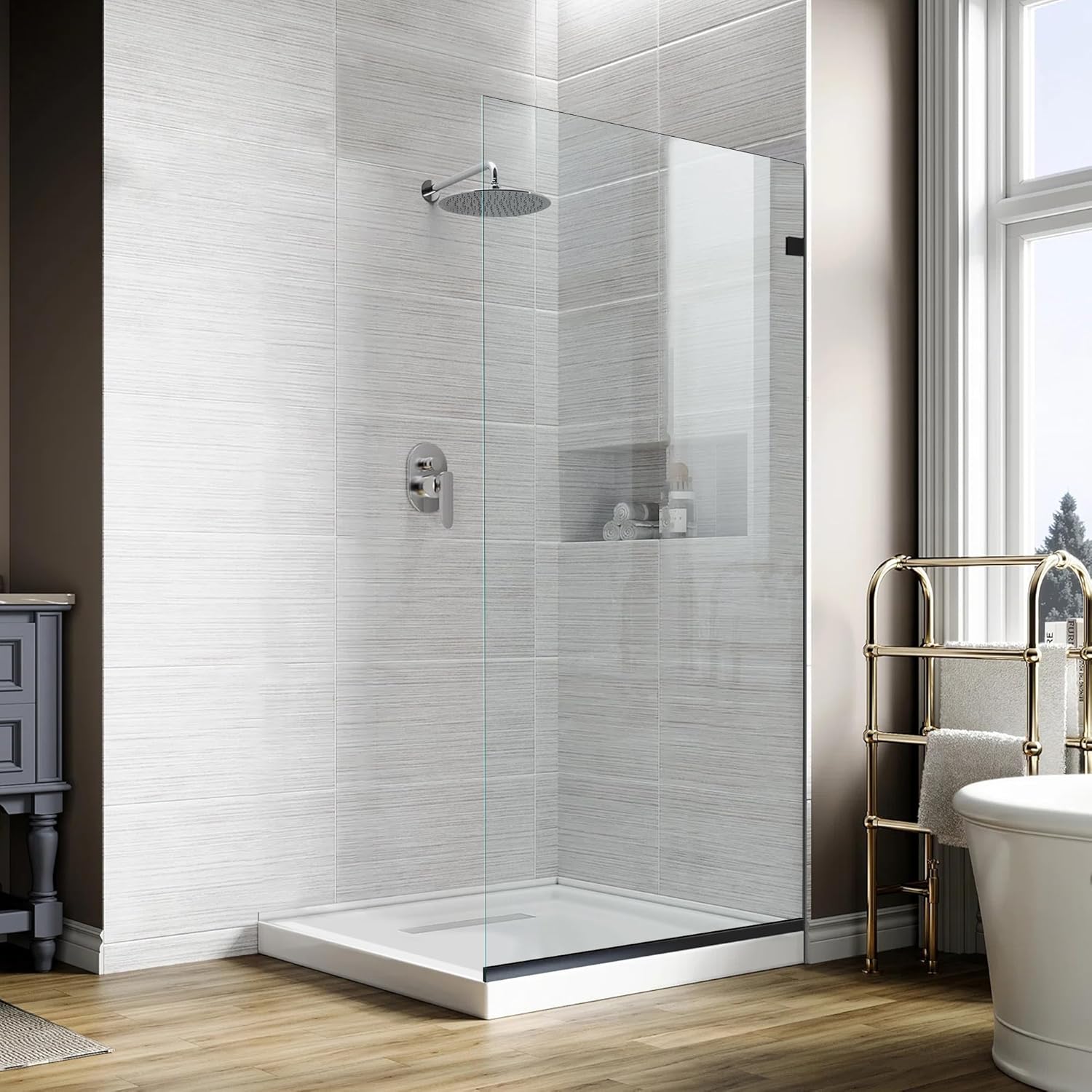 Bathroom Shower Glass Door 34 * 74" - 5/16"(8mm) Thick Clear Tempered Glass Panel, Fixed Hinged Framless Shower Door with Bottom Seal, Matte Black