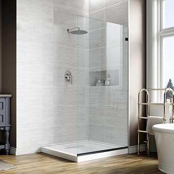 24 * 74" - 5/16"8mm Thick Clear Tempered Glass Panel, Fixed Hinged Framless Shower Glass Door with Bottom Seal, Matte Black