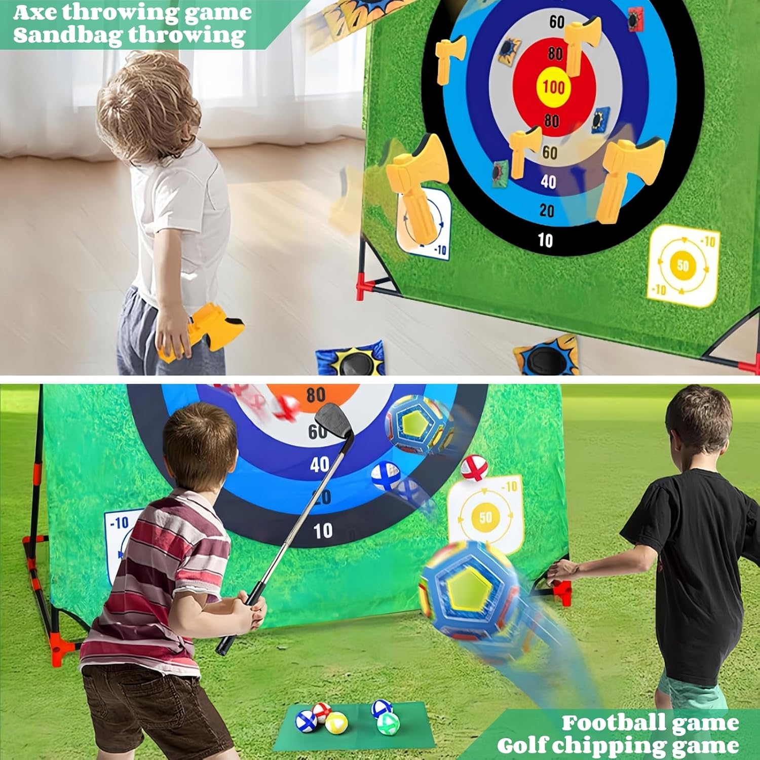 Golf Chipping Game with Stand, 4 in 1 Battle Golf Game with Putting Mat, 16 Sticky Balls, 8 Bean Bags, 6 Axes, 2 Soccer Balls, Indoor Outdoor Chip Sticky Practice Set for Teen & Adult
