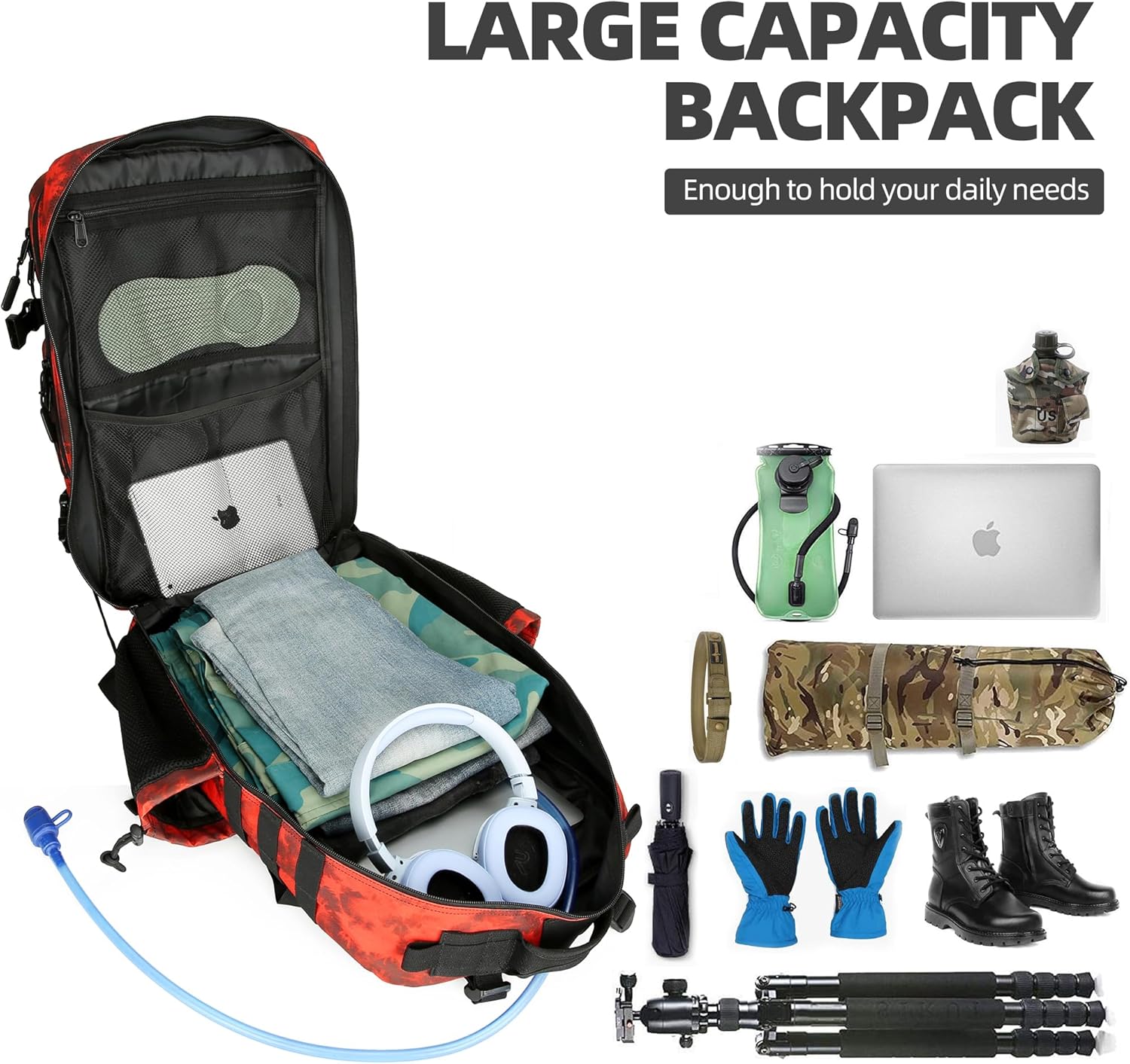 45L Tactical Assault Backpack 3 day assault pack with Molle Waterproof backpack Rucksack for Tactical Backpacks (Red water pattern) - Image 6
