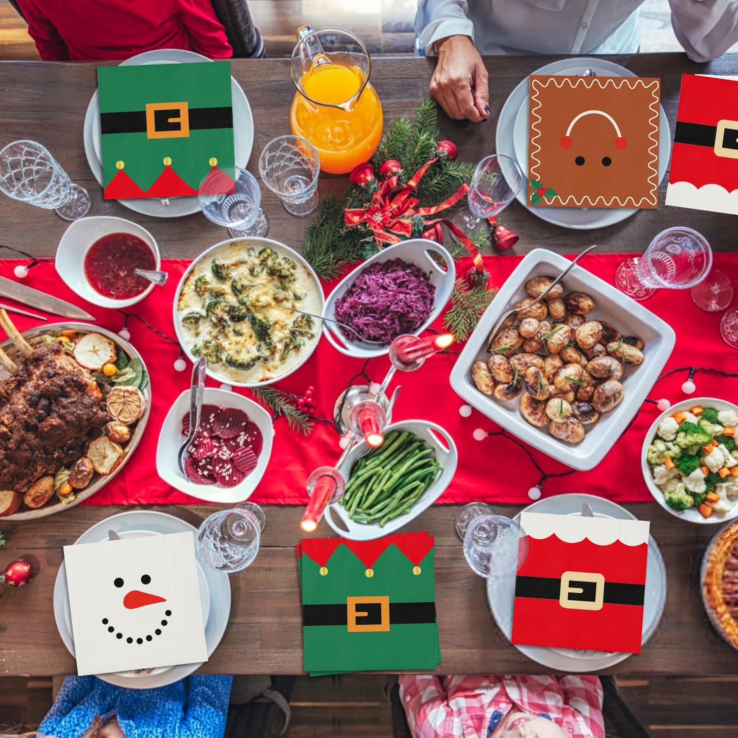 100 Christmas Napkins, Christmas Cocktail Napkins, Xmas Snowman Gingerbread Man Elf & Santa Party Napkins for Holiday Decorations Table Décor Party Supplies