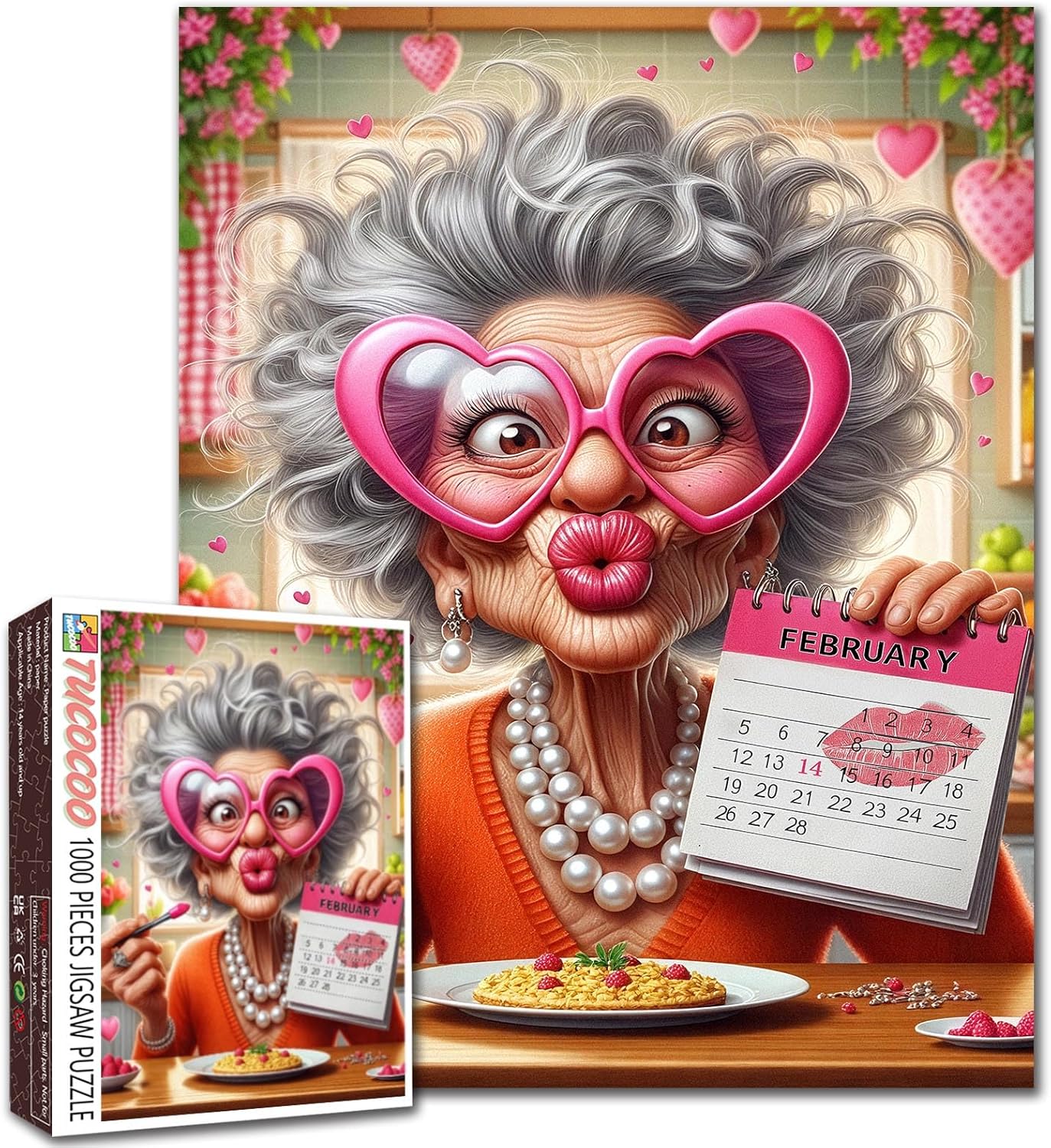 Happy Grandma 1000 Piece Jigsaw Puzzles for Adults Old Woman Kiss Painting Jigsaw Puzzle February 14th 1000 Pieces Puzzles Game Living Room Decor DIY Craft Valentines Days Puzzle Art Gift（Pink）