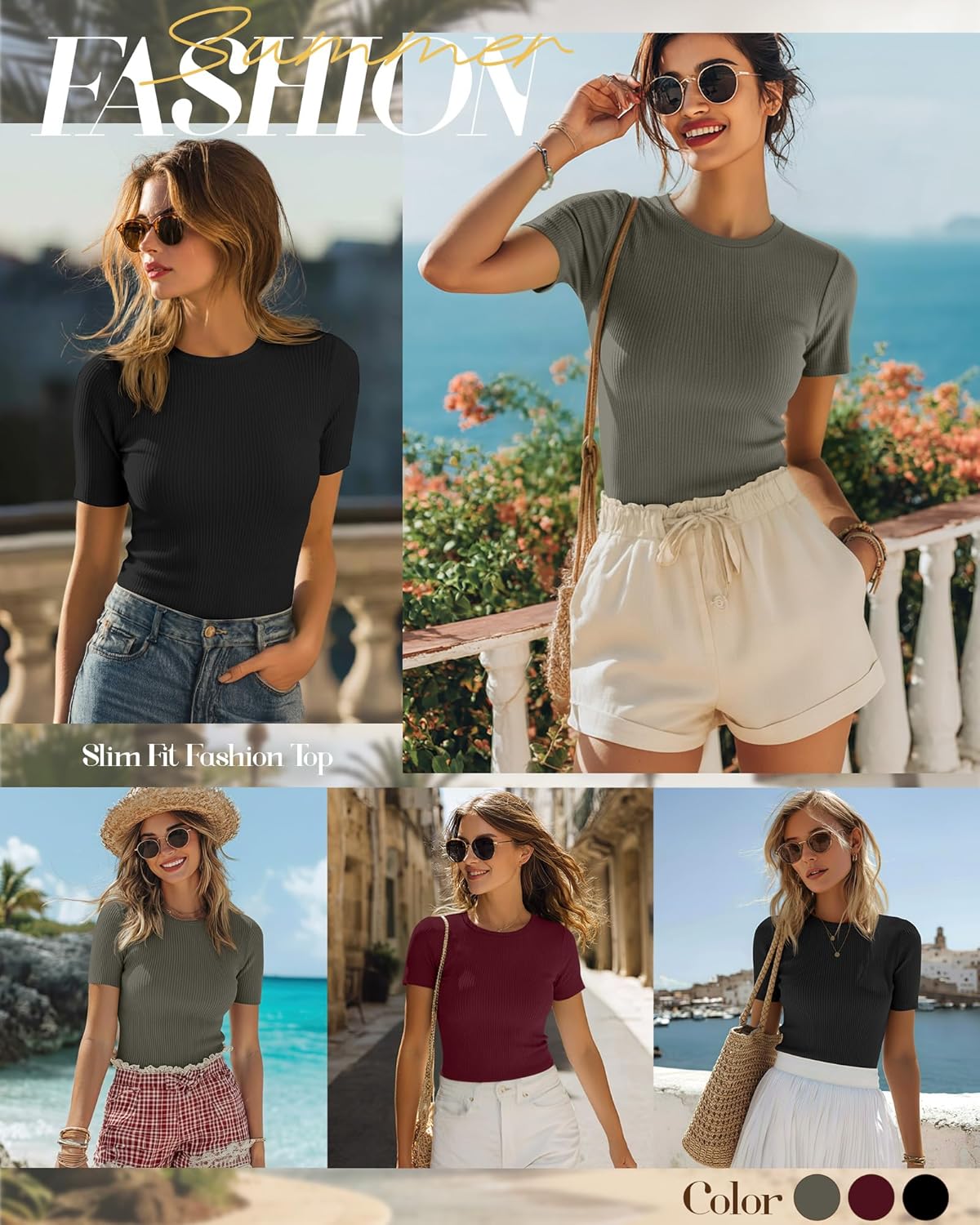 Ficerd 3 Pack Women's Ribbed T-Shirts, Cotton Short Sleeve Basic Tees Crewneck Fitted Tops Casual Shirts 2026 Summer Trendy - Image 4