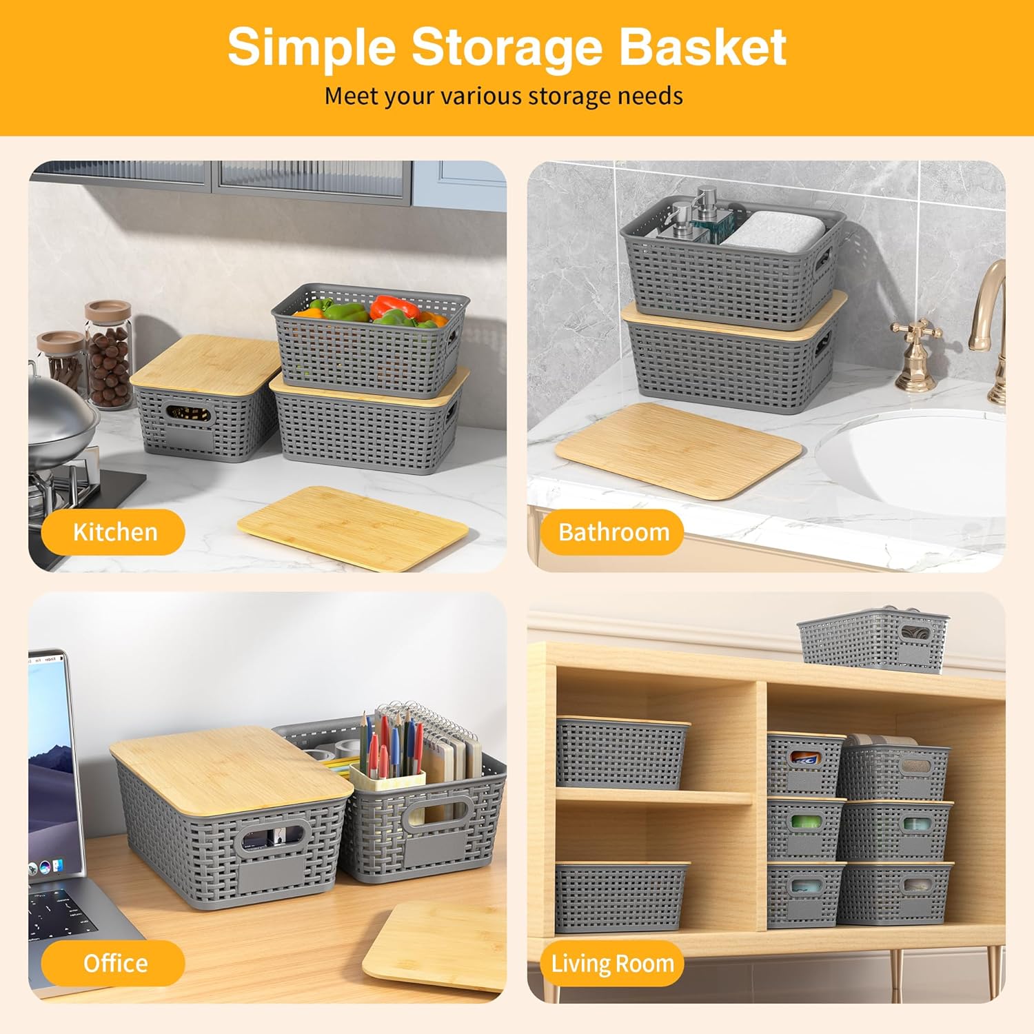Plastic Storage Baskets with Bamboo Lids and Labels, Stackable Storage Containers, Storage Bins for Organizing Shelves Drawers Desktop Closets Office, 6 Packs-Gray