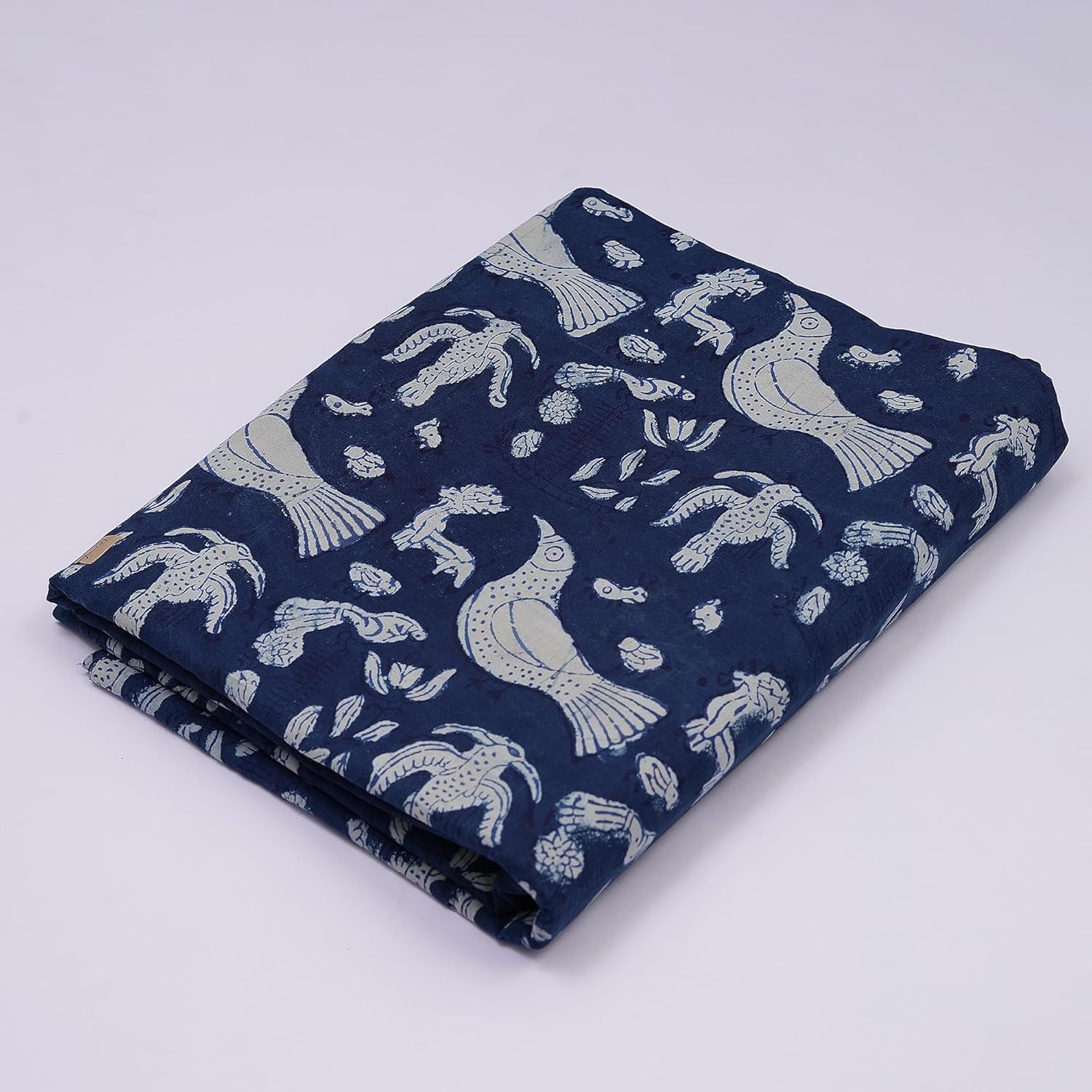 Indigo Blue Hand Block Printed Cotton Fabric 5 Yards – Traditional Bird & Floral Design – Soft, Natural Dyed Textile for Sewing, Quilting, Home Decor & Crafts