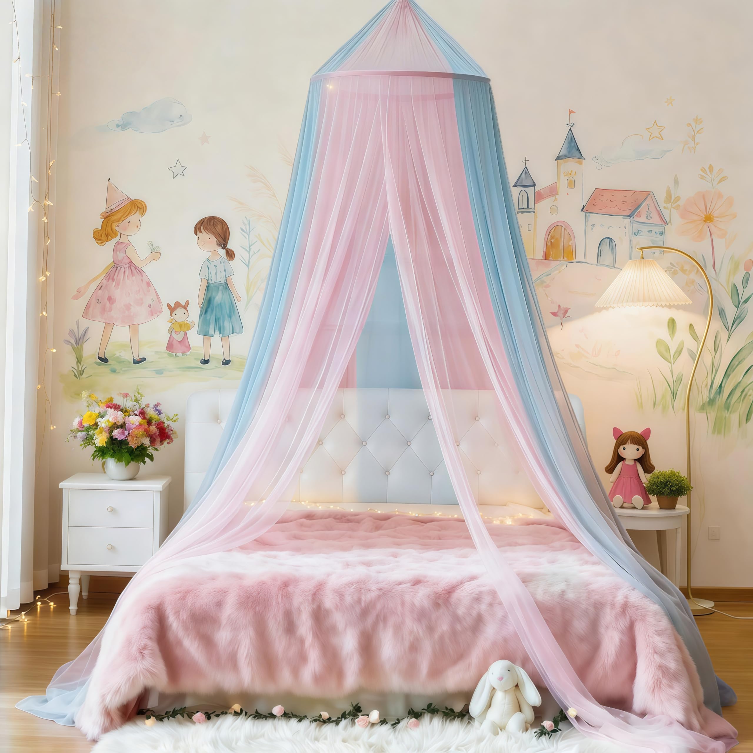 Two-Tone Bed Canopy Mosquito Net, Bed Canopy for Girls Room Decor - Insect Protection Hanging Canopy for Indoor(Pink+Blue)