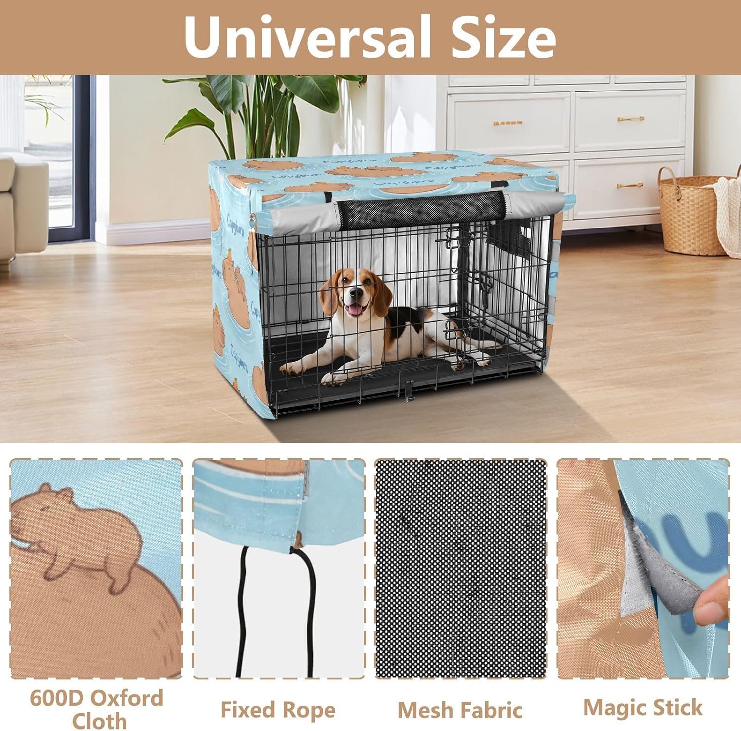 Duty 600D Silver Coated Dog Crate Cover, Water-Resistant Capybaras Print Pet Kennel Canopy with Mesh Windows for Optimal Ventilation, Universal Fit for Standard Wire Cage, Indoor & Travel
