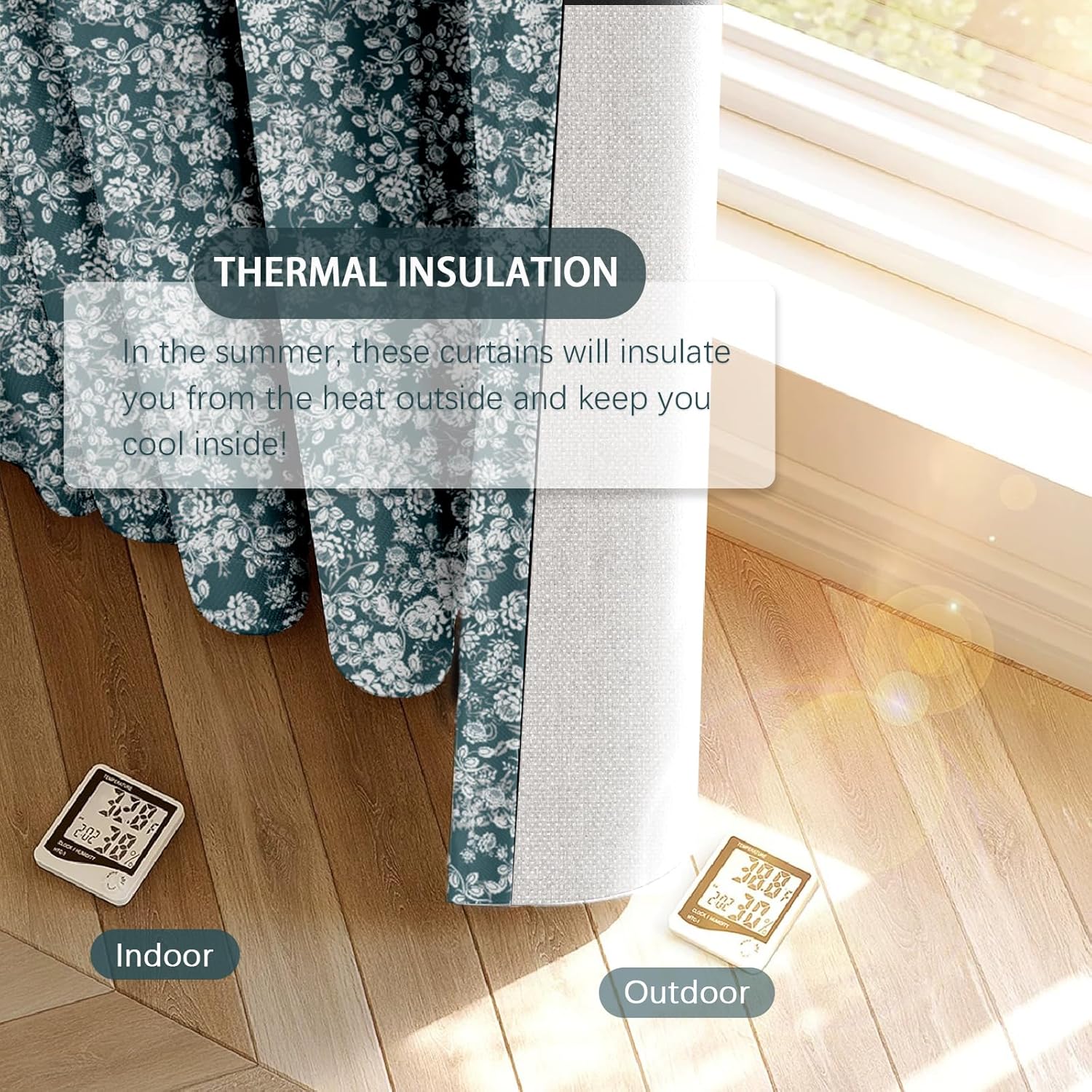 Teal Linen Curtains for Bedroom Living Room, Semi Sheer Blackout Linen Floral Curtains 84 Inch Long 2 Panels, Natural Light Filtering Black Out Farmhouse Drapes with Rod Pocket/Back Tab/Ring Hooks