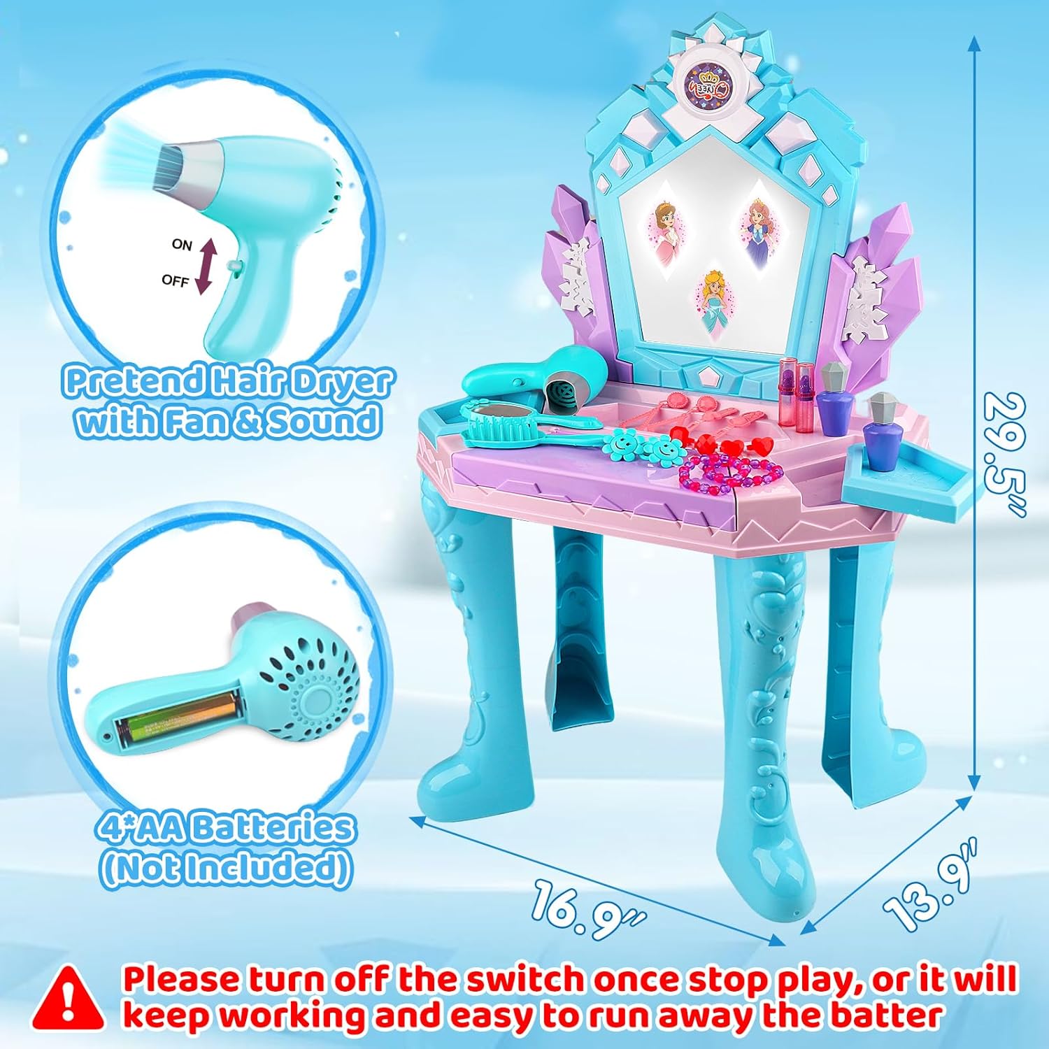 Toddler Frozen Vanity Table and Chair, Girls Magic Makeup Set with Mirror and Lights & Music, Kids Pretend Play Toys for 2 3 4 5 Year Old Girl Princess Dress Playset Birthday Easter Gifts Ages 2-4 3-5