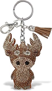 Moose Keychain - Brown Sparkling Rhinestones Charm with Tassel, Fashionable Stylish Polyester PU Wild Life Key Ring Bling Jewelry Accessory with Clasp For Key Chain, Bag, Purse and Backpack