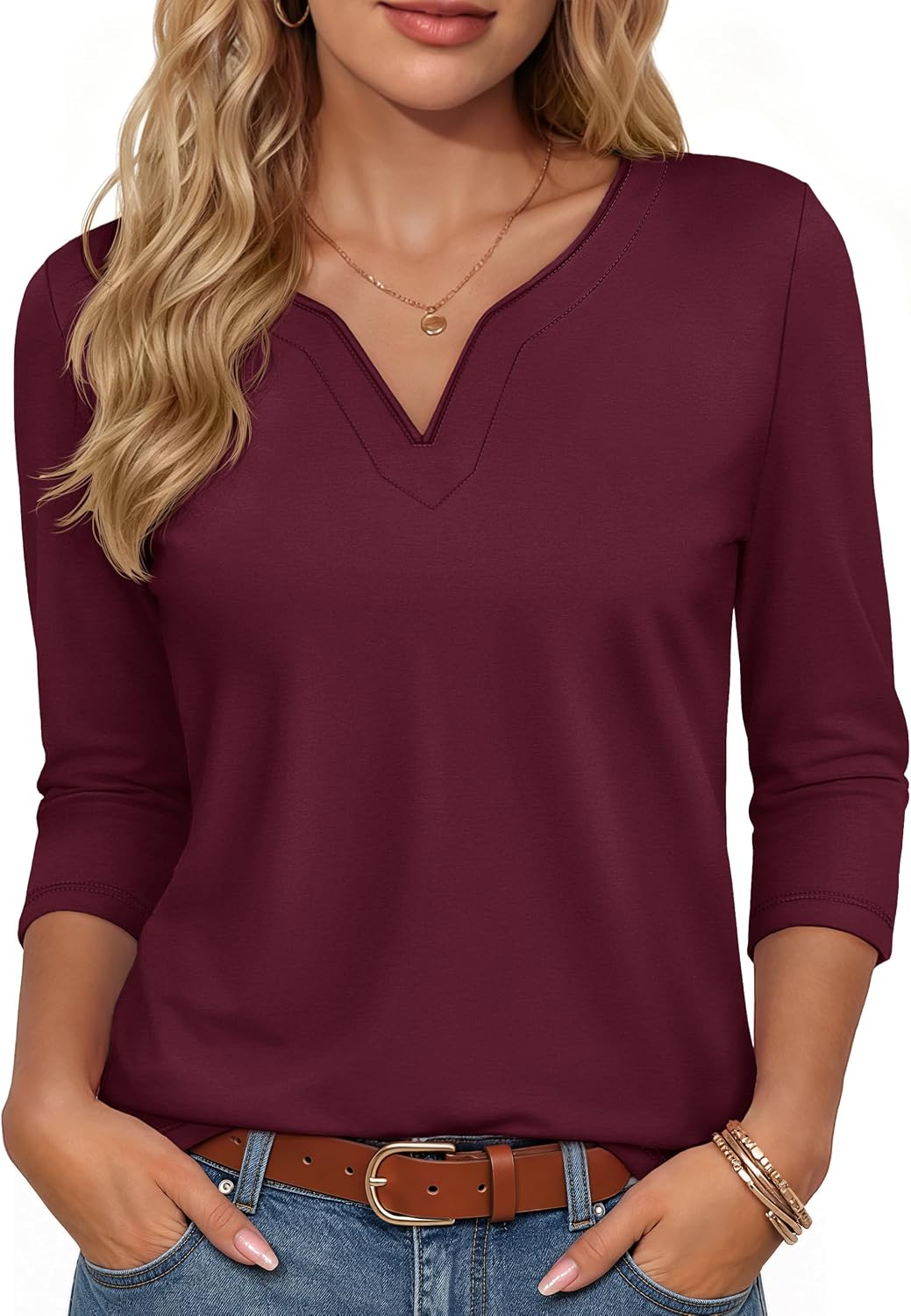 YUCOLEN 3/4 Length Sleeve Womens Tops V Neck Henley Shirts Dressy Casual Tunic Blouses Cotton Work Summer Tees