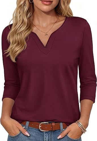 YUCOLEN 3/4 Length Sleeve Womens Tops V Neck Henley Shirts Dressy Casual Tunic Blouses Cotton Work Summer Tees