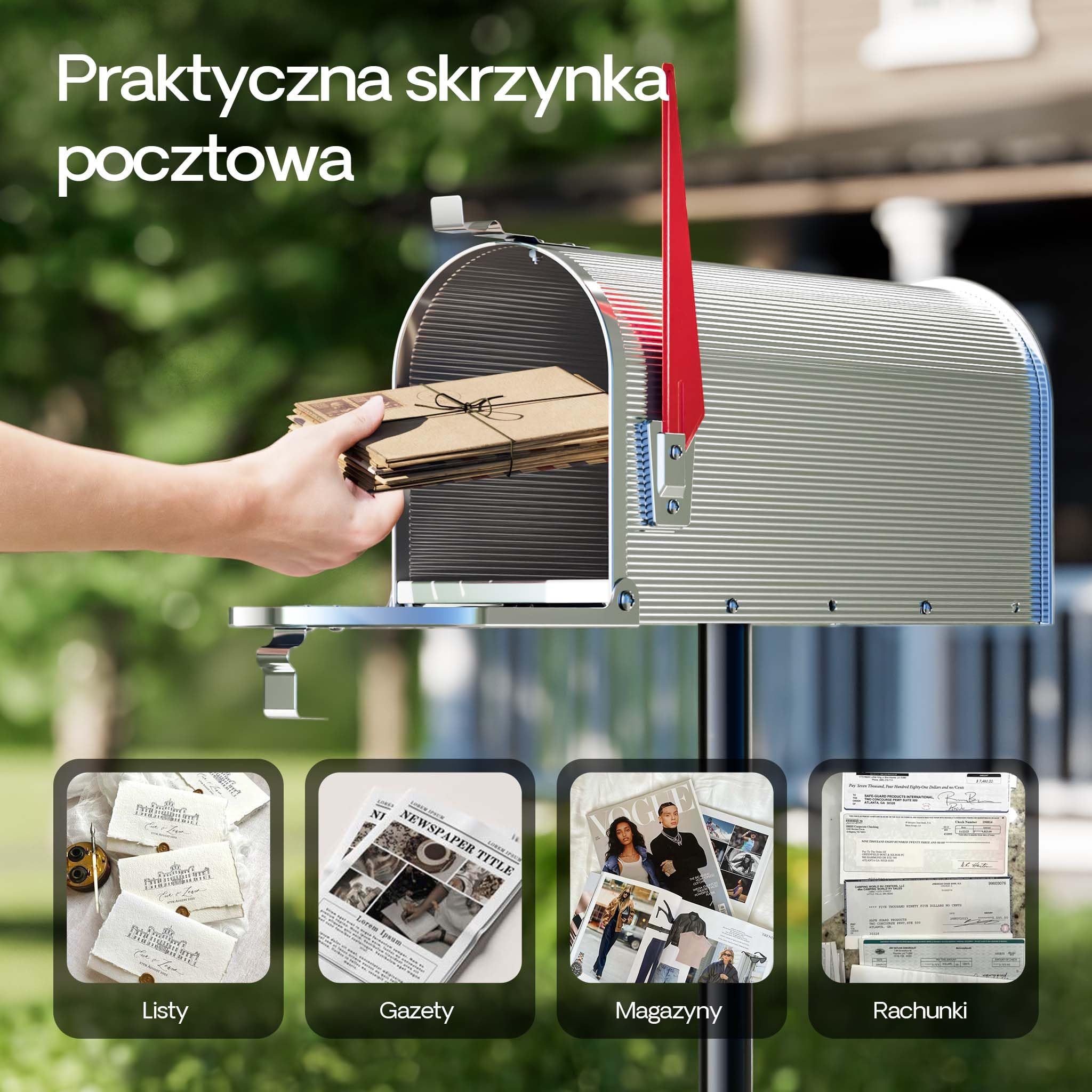 Wiltec Amerykańska skrzynka na listy srebrnoszara z ruchomą flagą, stalowa skrzynka pocztowa odporna na warunki atmosferyczne, design w stylu USA