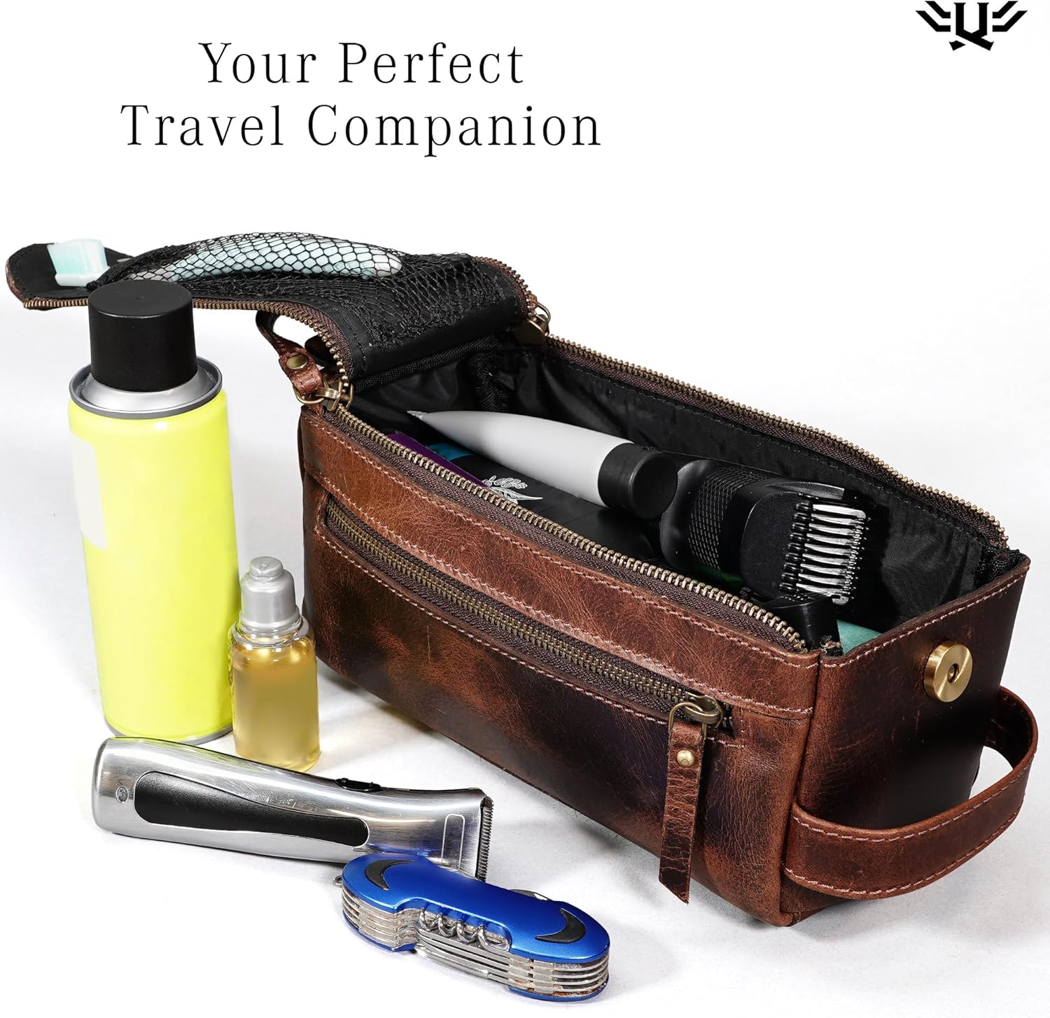 Premium Handmade Leather Toiletry Bags for Men and Women, Genuine Leather Dopp Kit and Shaving Bag for Men, Travel Cosmetic Bag for Women's and Men's, Zipper Pocket, Dark Brown