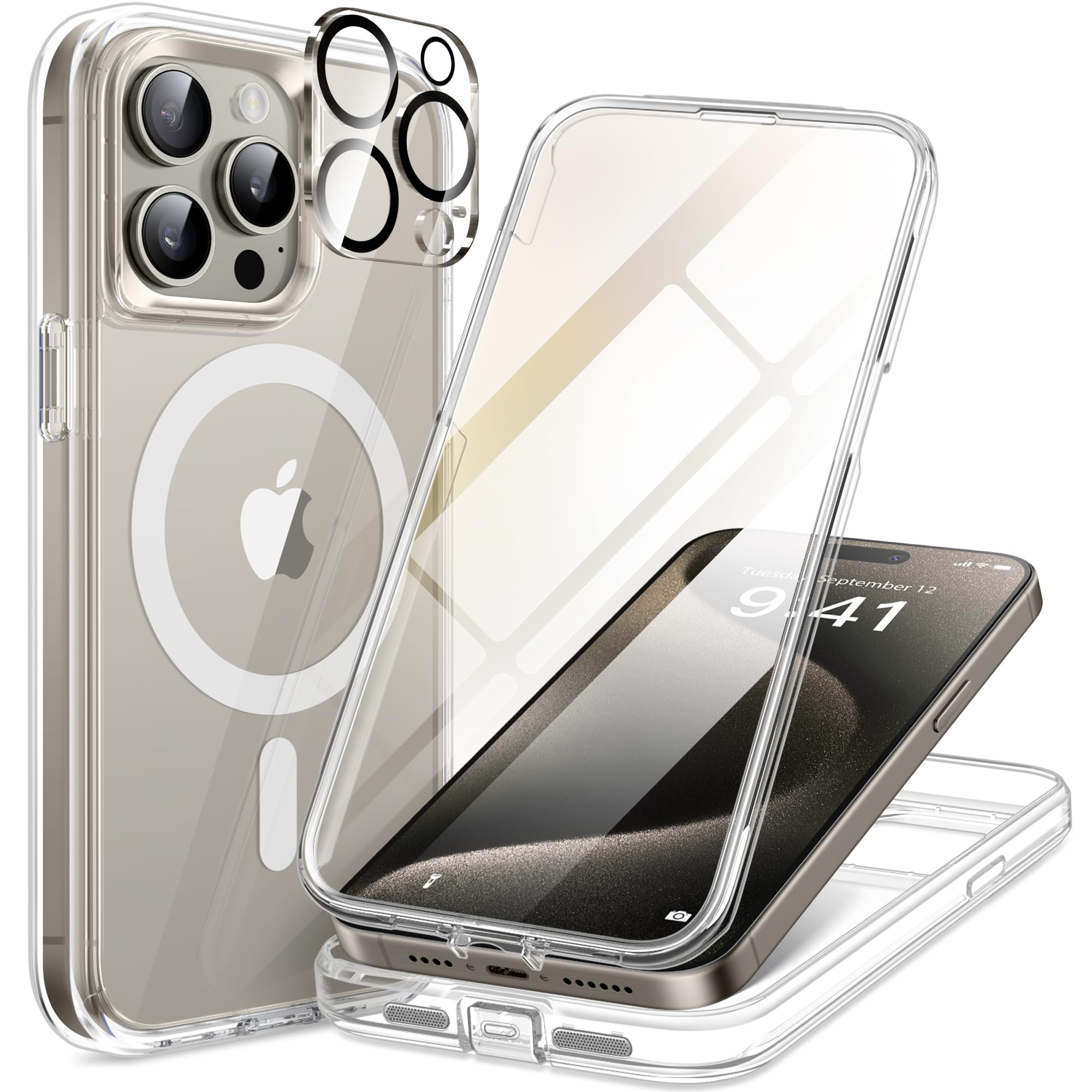 TIESZEN Magnetic for iPhone 15 Pro Max Case, [Dustproof Design] Shockproof Rugged Phone Case, Compatible with Magsafe, Built-in 9H Tempered Glass Screen Protector & 3X Camera Lens Protector, Clear
