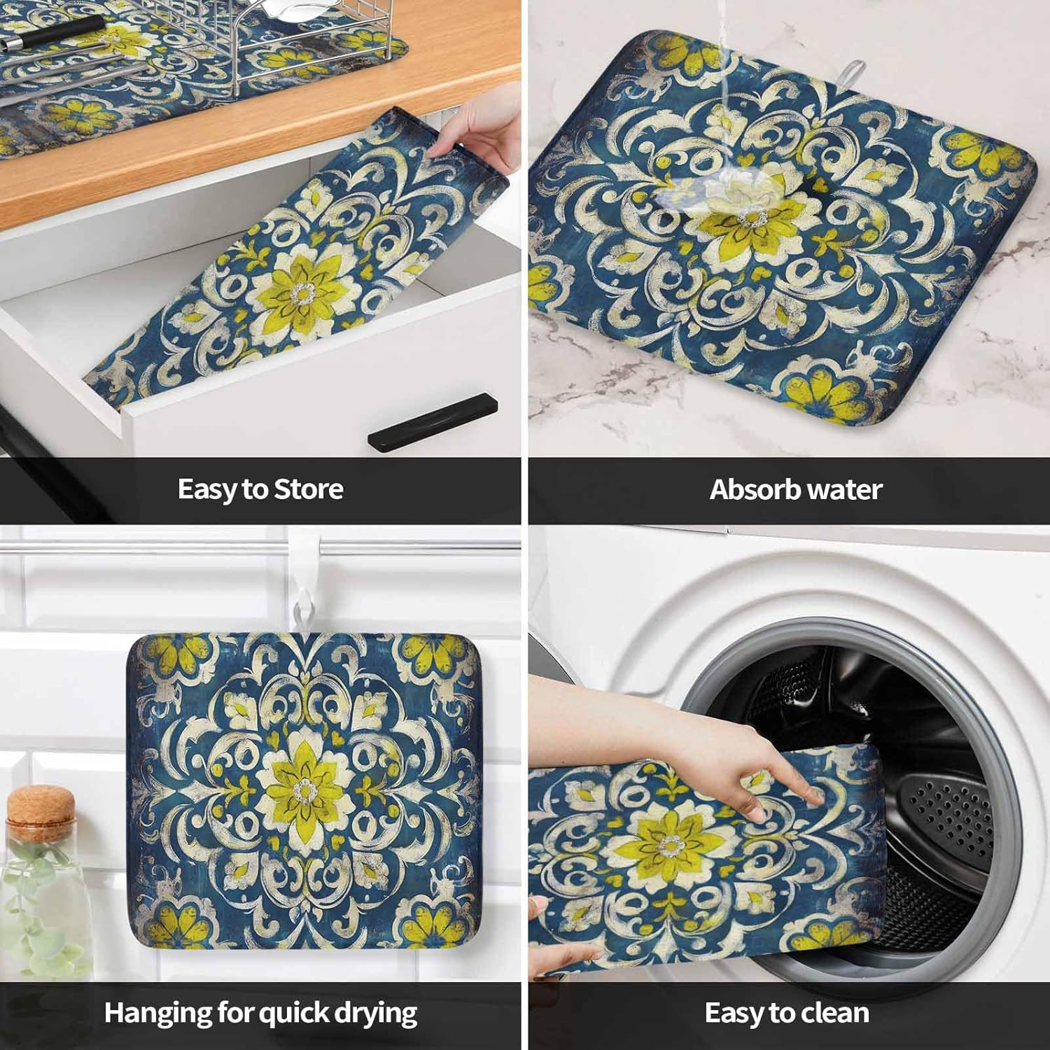 Dish Drying Mat Set of 2 Yellow Flower Pattern Microfiber Absorbent Reusable Washable Dish Drying Rack Mat Retro Blue White Coffee Mat for Coffee Maker Bar Kitchen Countertops 18x24inch