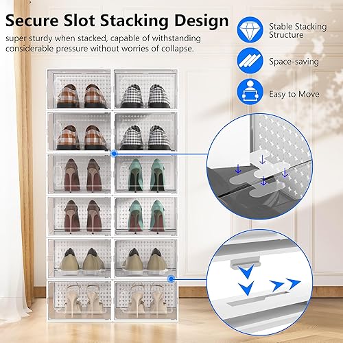 Miniatura 3 de Paquete de 12 organizadores apilables modulares grandes de plástico transparente para almacenamiento de zapatos, para armario, ahorro de espacio,