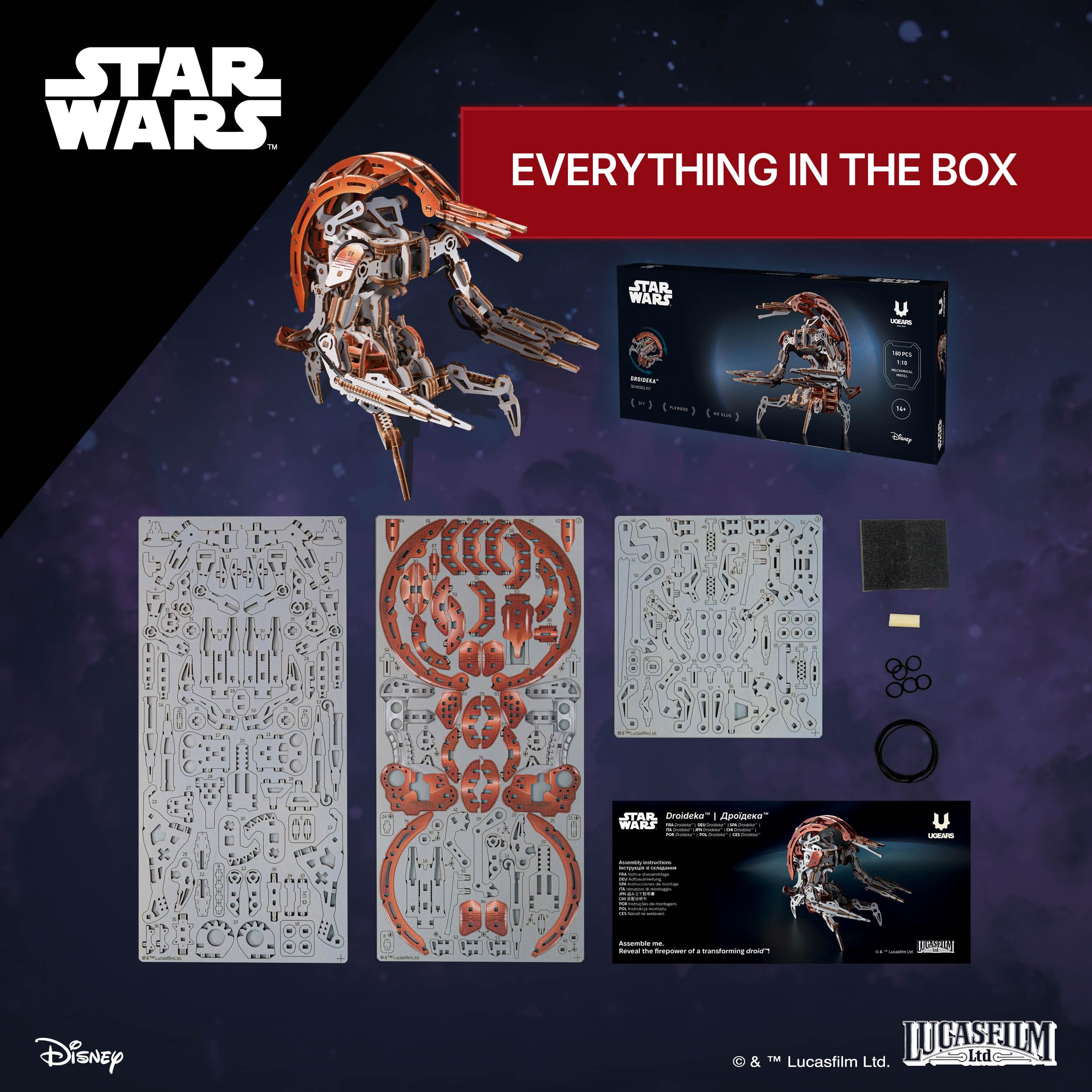 UGEARS Star Wars Droideka Drewniane Puzzle 3D – Mechaniczny drewniany model do złożenia, zestaw DIY do budowy, kolekcjonerskie puzzle z drewna, szczegółowy projekt konstrukcyjny i pomysł na prezent dl
