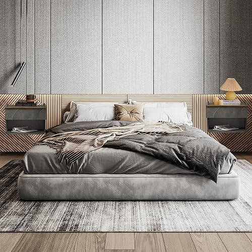 Miniatura 5 de Mesita de noche flotante con cajón, mesa de noche flotante montada en la pared, mesa auxiliar moderna con estante de almacenamiento abierto de