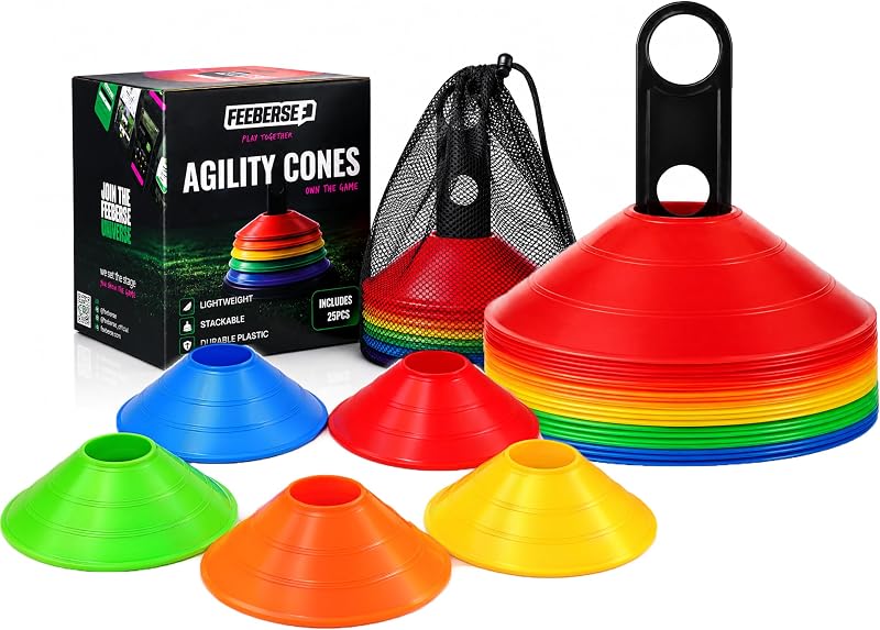 Pack de 25 conos de entrenamiento de agilidad, conos de disco de fútbol con soporte, conos deportivos de 5 colores para mayor velocidad