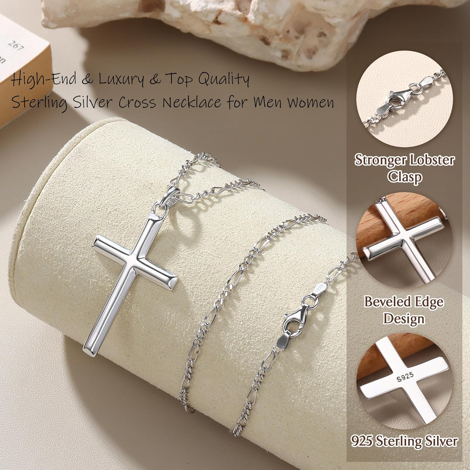 MILACOLATO Solid 925 Sterling Silver Cross Necklace for Men Women, 2mm Durable Diamond-Cut Sterling Silver Chain with Beveled Edge Cross Pendant, Mens Silver Gold Crucifix Pendant Necklace Jewelry 16-24 Inches Mother's Father's Day Jewelry Gifts - Image 3