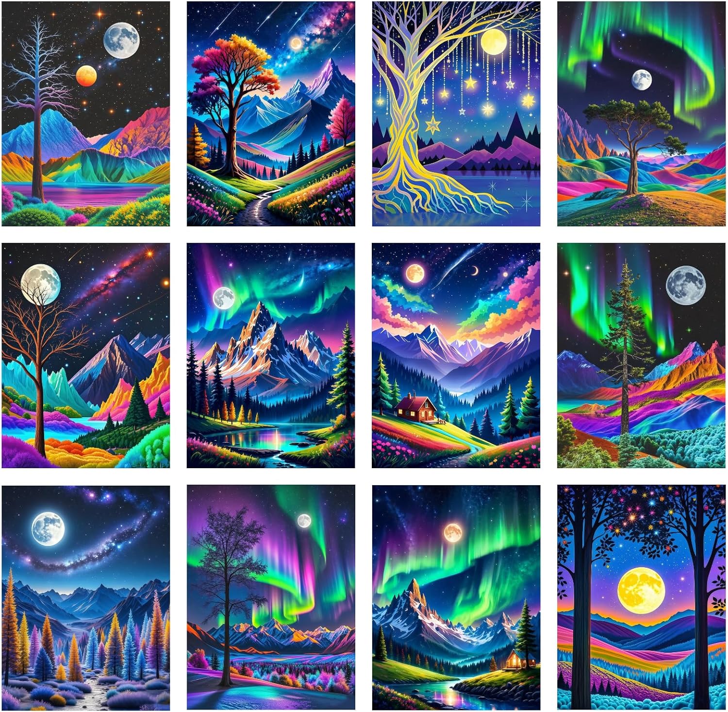 NIHO-JIUMA DIY Diamond Painting Kits Aurora, 12 Sets of Tools 5D Full Diamond Art Moon for Teenagers and Adult, Christmas Gifts (Individually Packaged, 12 Pack, 30x40cm)