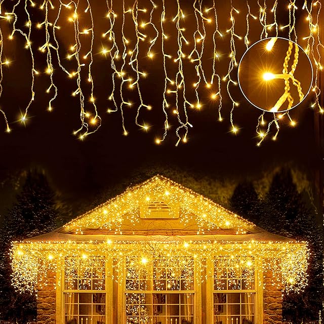 Gresonic 220/320/500LED Warm White Icicle Christmas Lights,Plug in Hanging Fairy Lights, 8 Modes Timer Curtain String Light for Bedroom Patio Yard Wedding Party Background Decoration