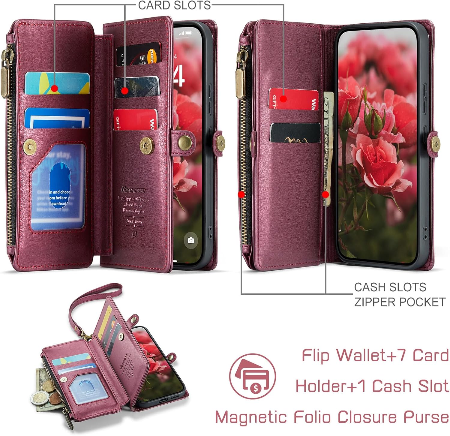 Defencase Compatible with Samsung Galaxy S24 Case Wallet with RFID Blocking Card Holder for Women Men, PU Leather Magnetic Snap Flip Zipper Strap Wallet Phone Case Fit for Galaxy S24 6.2", Wine Red