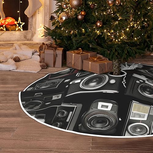 Christmas Tree Skirt 48" Retro Cool Camera Collection Trees Skirt Rustic Vintage Round Tree Mat for Xmas Holiday Decor Xmas Trees Base Cover for