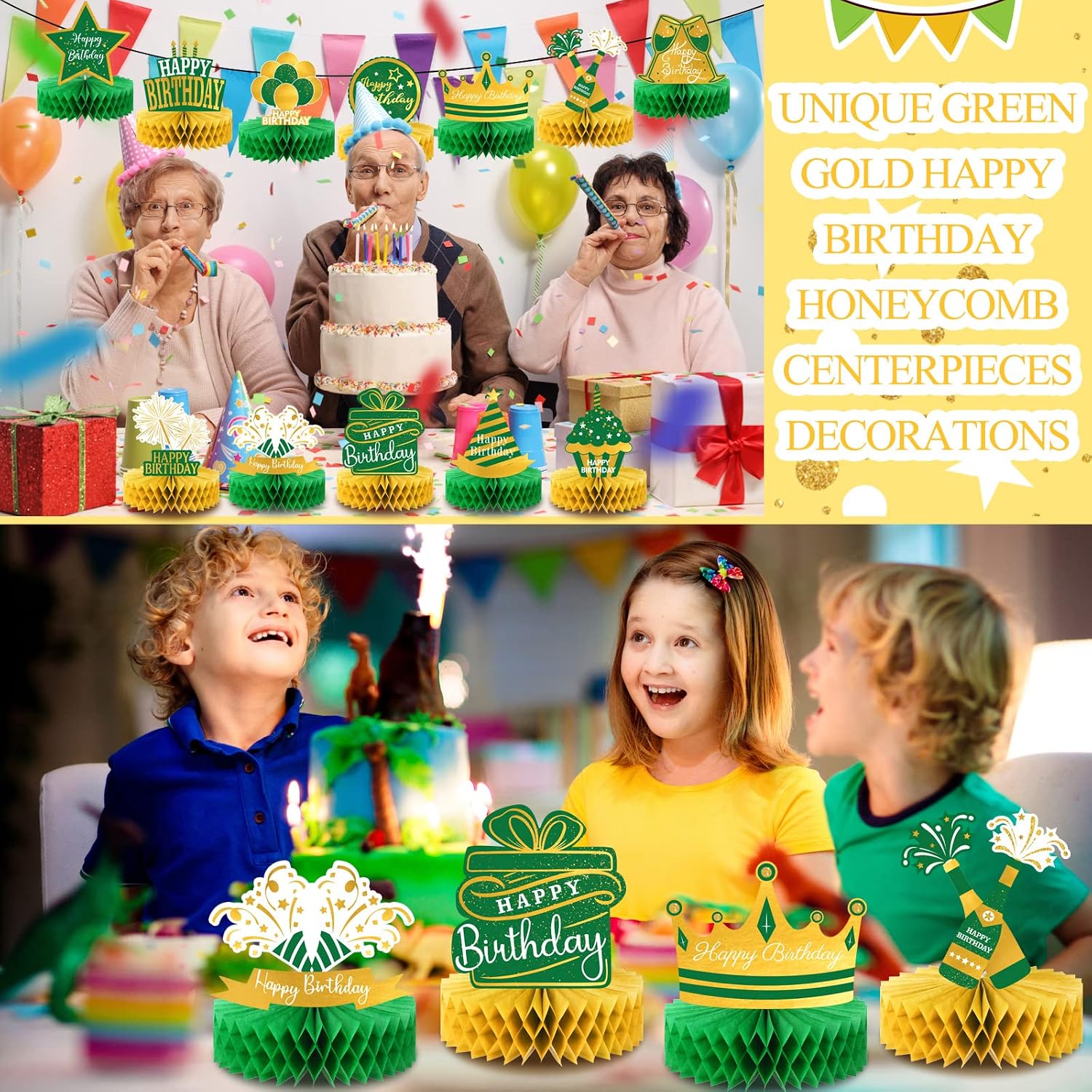 Sabary 12 Pcs Green and Gold Birthday Decorations Table Decoration Happy Birthday Desktop Decoration Honeycomb Centerpieces Party Balloon Crown Paper Table Decor Royal Centerpieces for Men Women Party