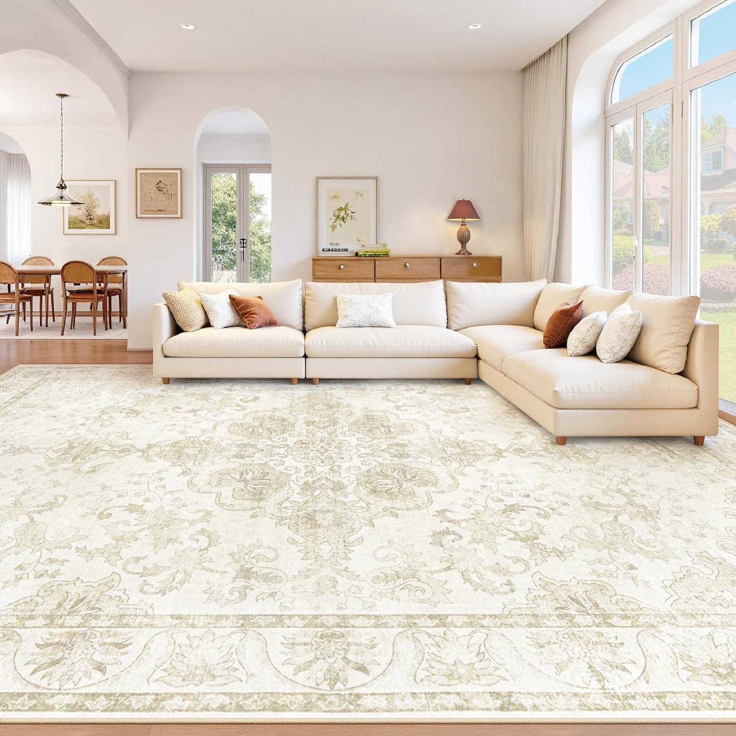 Washable Rug 8x10 Area Rugs: Large Vintage Floral Soft Rug Non Slip Low Pile Stain Resistant Carpet for Living Room Bedroom Dining Room Office Playroom (Beige, 8'x10')