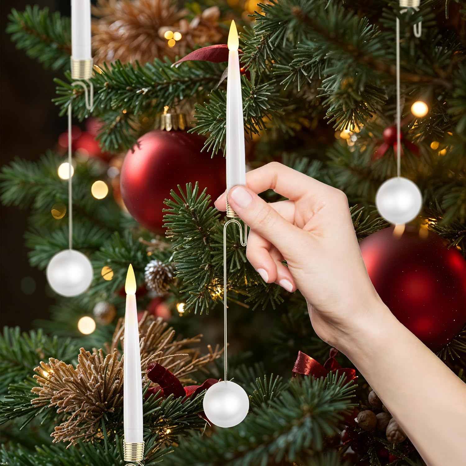 LUSHARBOR Christmas Tree LED Candles, 10 Pack Battery Operated with Remote, Fake Candles for Xmas Wedding Decor with Pearl Ball Hook