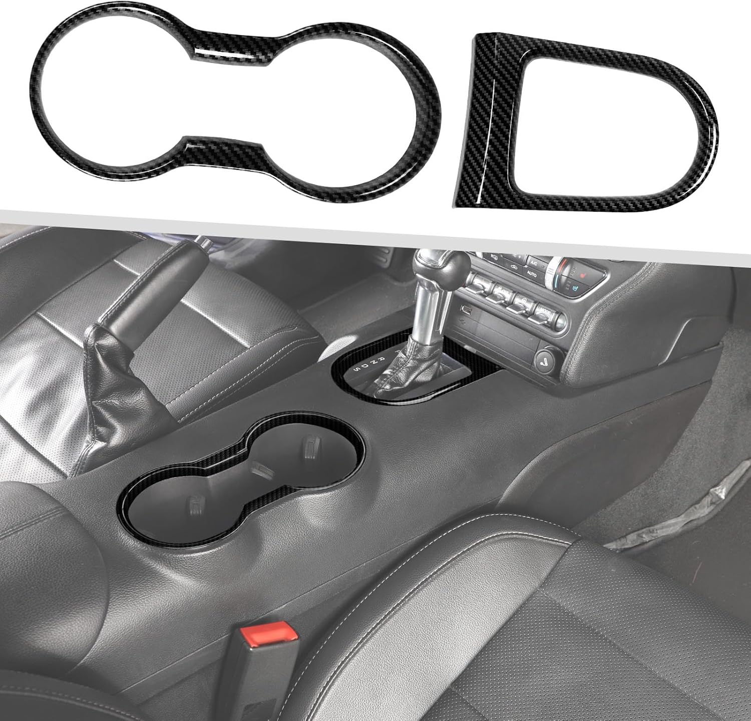 Jimen Fit for Ford Mustang 2015-2023, 2PCS Front Cup Holder Trim & Gear Shift Cover (Carbon Fiber)