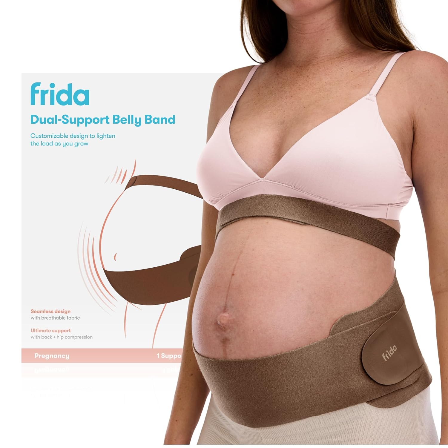 Frida Mom Dual Support Pregnancy Belly Band S/M, Maternity Belly Band with Ultimate Support Back, Hip & Pelvic, Adjustable, Lightweight, Breathable & Comfy, Supports Bump as Baby Grows, Cocoa