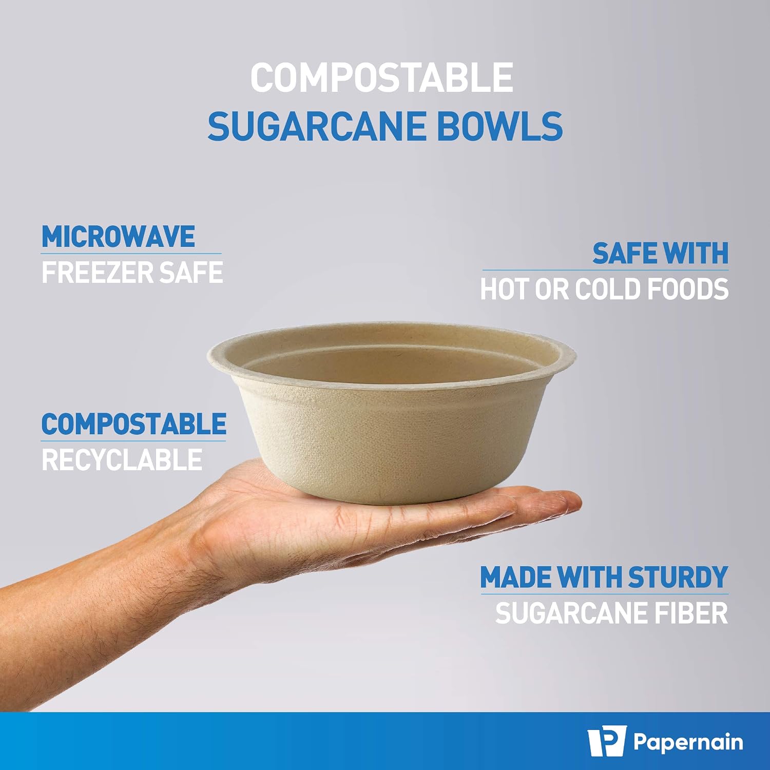 [18 oz, 100-Count, Sugarcane] Papernain Compostable Bowls, Natural Disposable Paper Bowls, Bagasse Bowls
