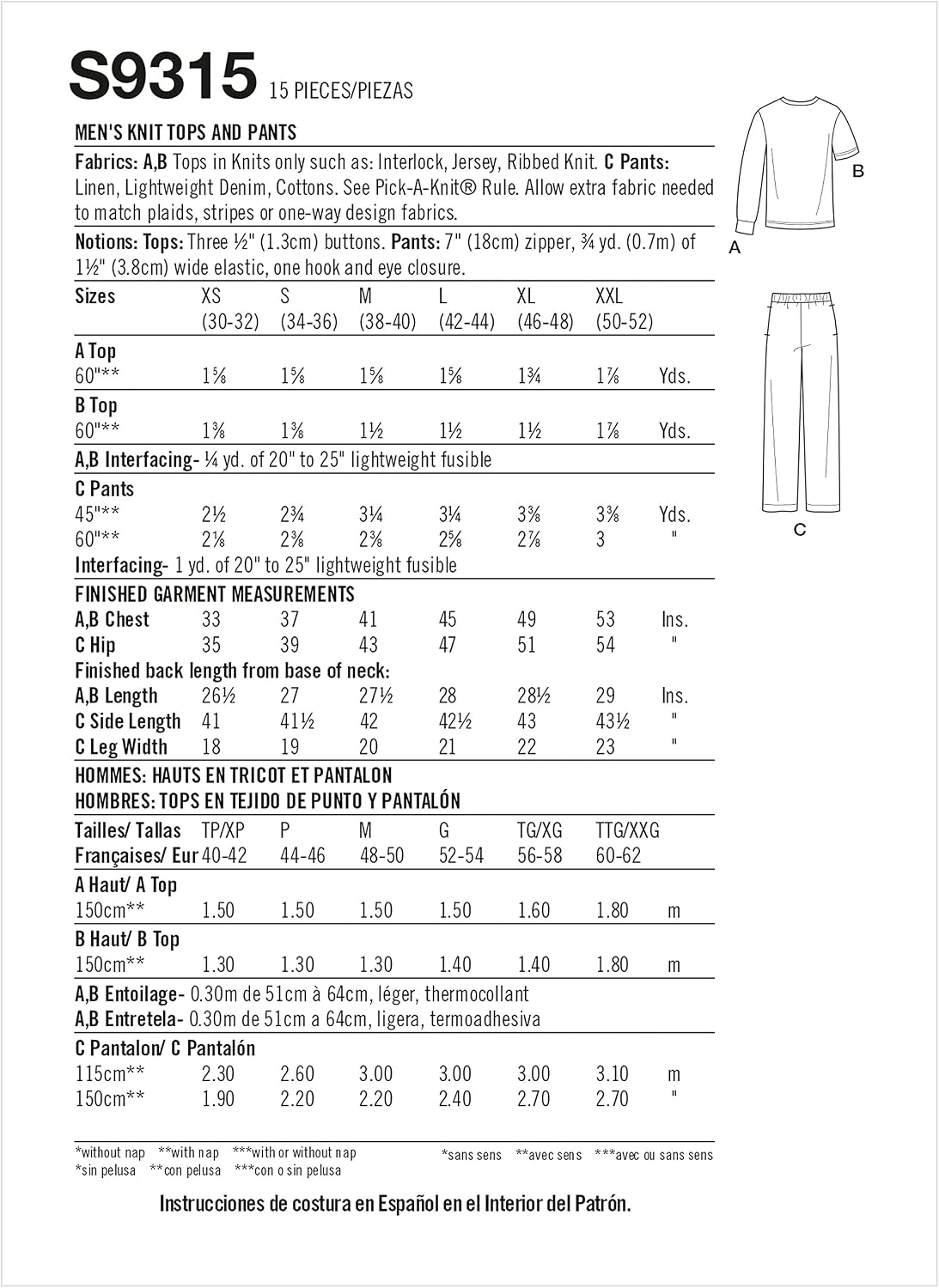 Simplicity SS9315A Men's Shirts and Pants Sewing Pattern, Sizes XS-XXL