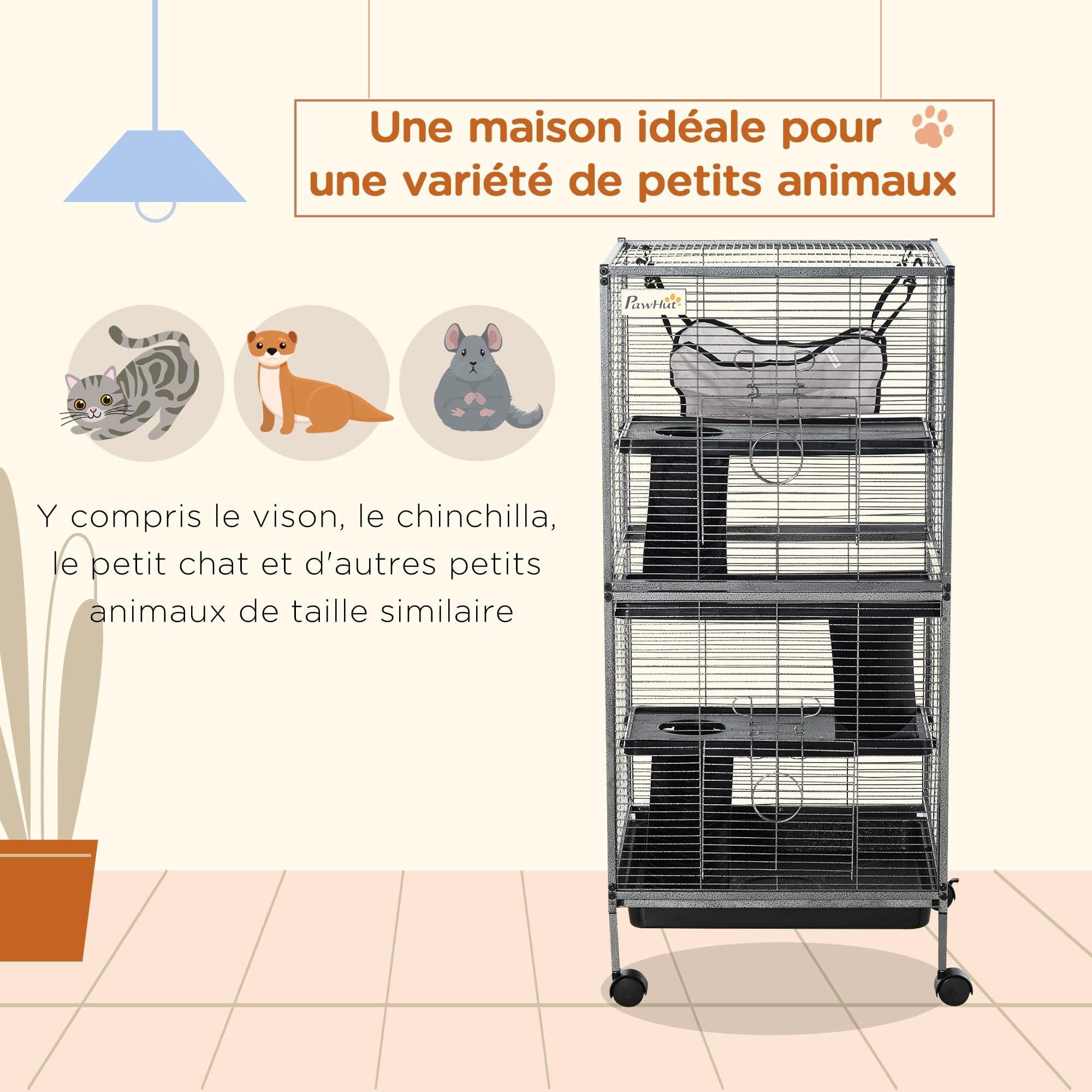 PawHut Cage pour Petits Animaux Portable 4 Niveaux Chinchilla Furet avec Roulettes 52 x 52 x 113,5 cm Gris