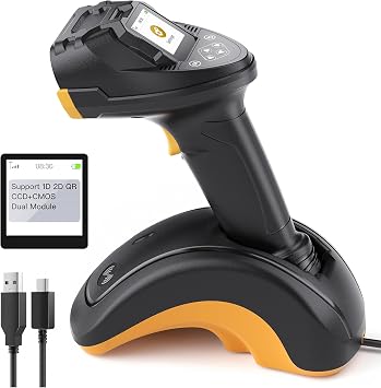 Inateck 2D Wireless Barcode Scanner with TFT Screen, CMOS and CCD Dual-Sensor for Long Codes, Bluetooth QR Reader with Cradle, Setting Keypad for Parameters, Support App SDK