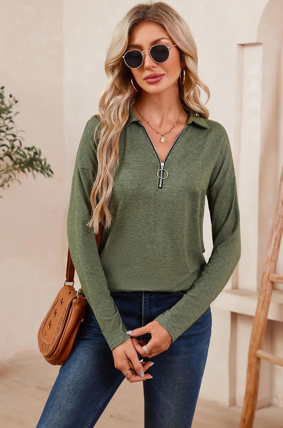 Halife Women's Collared Long Sleeve Shirts Business Casual Dressy Blouse Shirt Tunic Half Zip V Neck Work Tops Blouses - Image 5