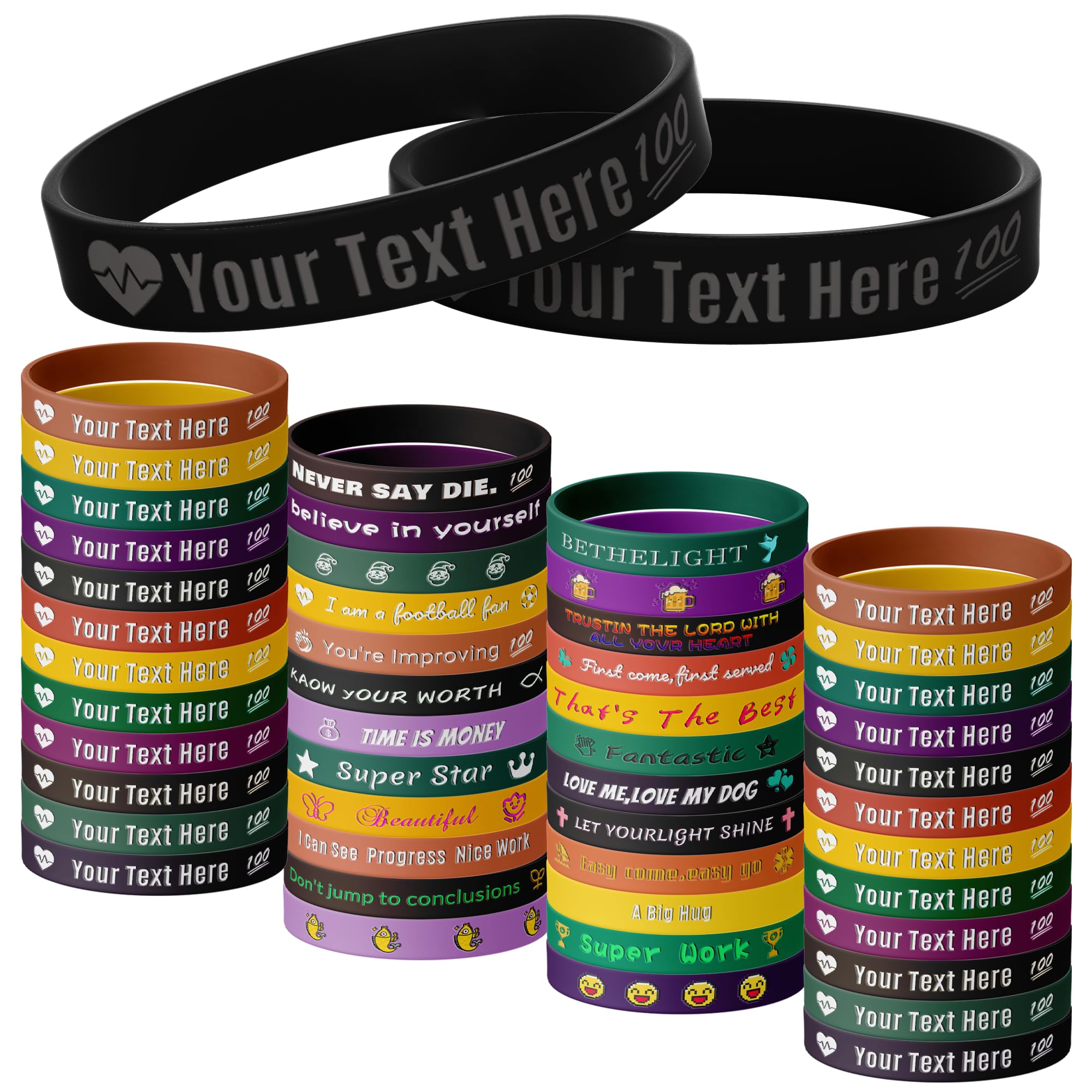 Sapaigift Custom Rubber Wristband With Text/Icon/Message, Customized Rubber Bracelets Clipart Bulk for Support Fundraiser Awareness (Black)
