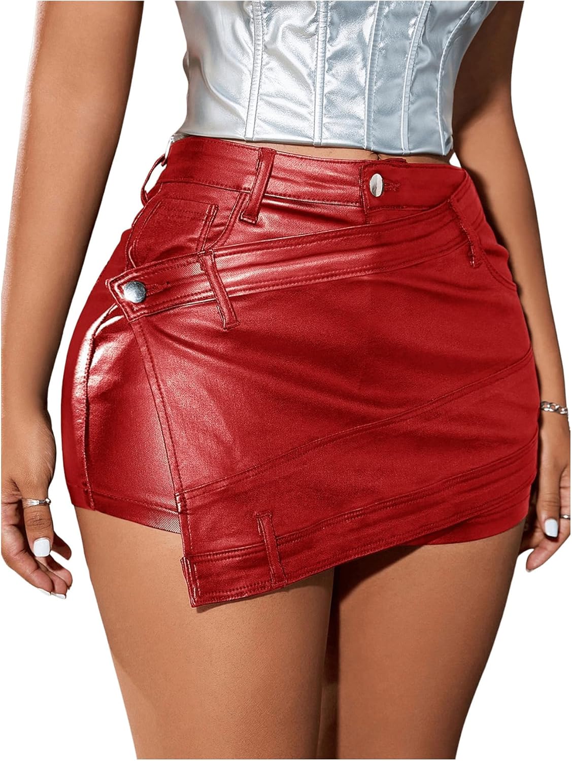 SHENHE Women's PU Leather Skort High Waist Sexy Bodycon Wrap Mini Skirt Asymmetrical Shorts