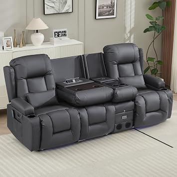 TUNYI Wall Hugger Loveseat Recliner Sofa with Console, Power Reclining Loveseat RV Couch with Massage & Heat/USB/Outlet/Storage/LED Light/Speaker Light Grey, 3 Seat with Console