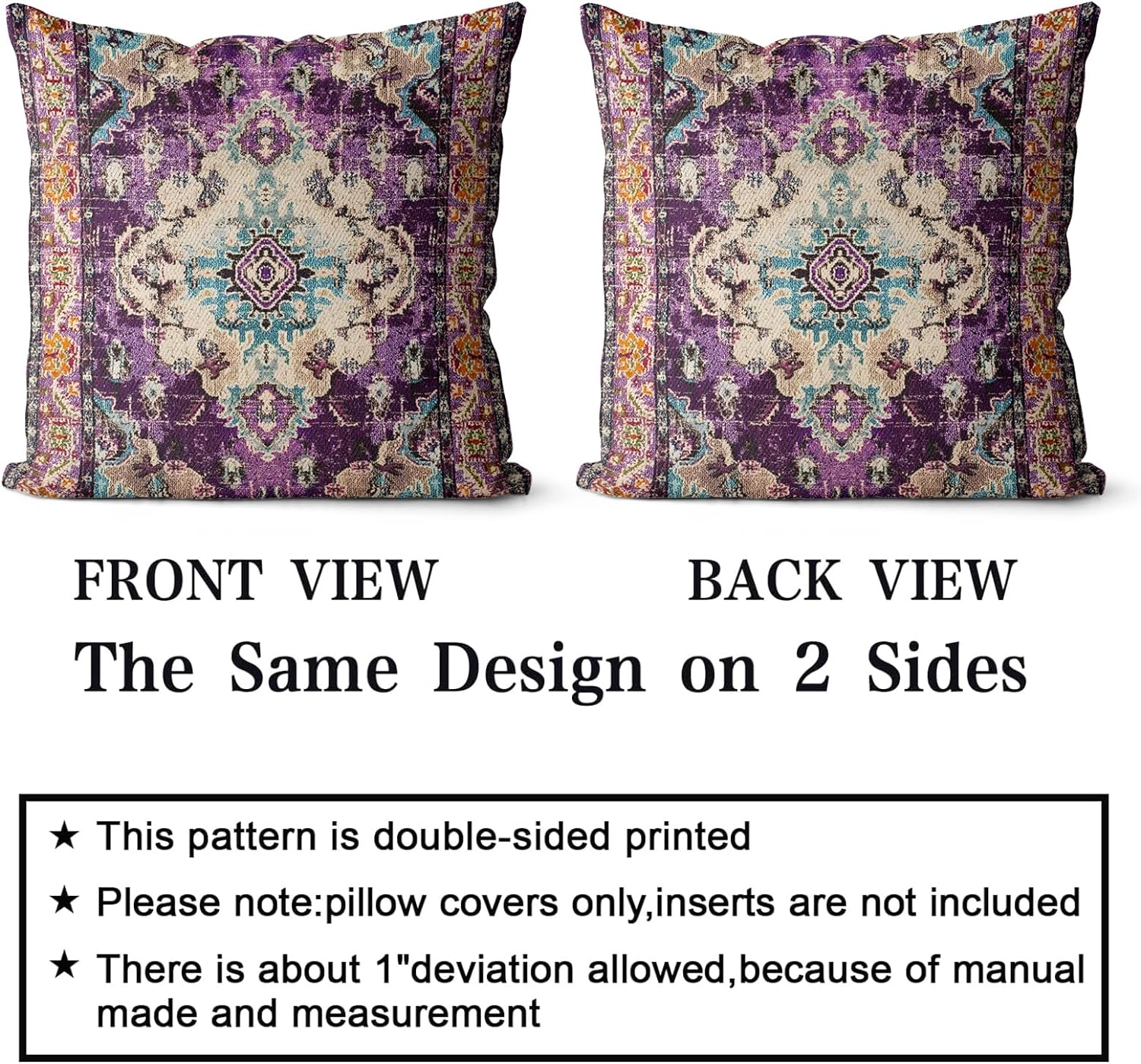 Snycler Boho Throw Pillow Covers 18x18 inch Set of 2 Boho Rug Carpet Double Sided Pattern Cotton Soft Pillow Case Cushion Cover Pillowcase for Couch Sofa Bed Decorative (Purple) image 2