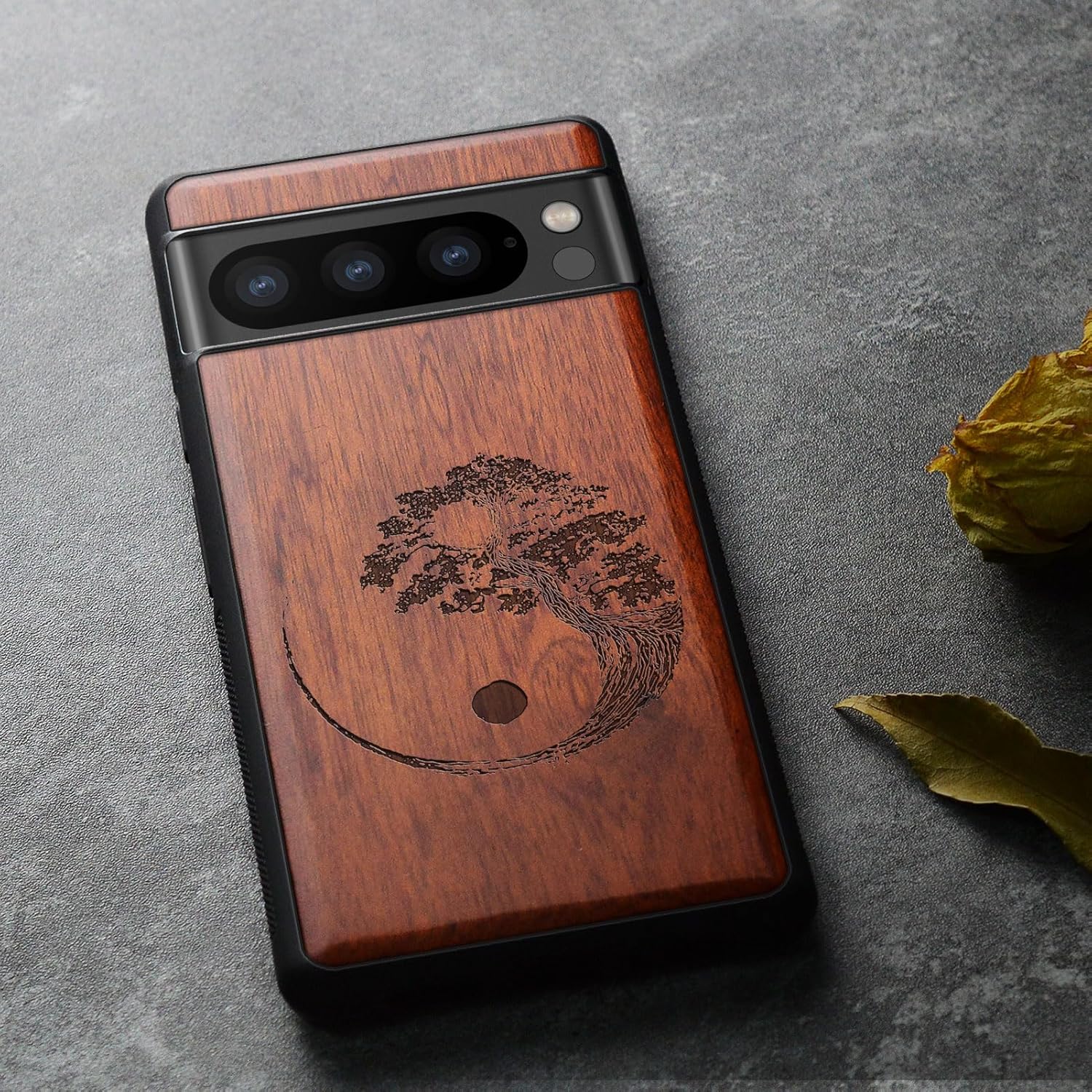 Carveit Wood Case for Pixel 8 Pro Case [Natural Wood & Black Soft TPU] Shockproof Protective Unique Wooden Cover Compatible with Google Pixel 8 Pro (Yin Yang Bonsai Tree-Rosy)