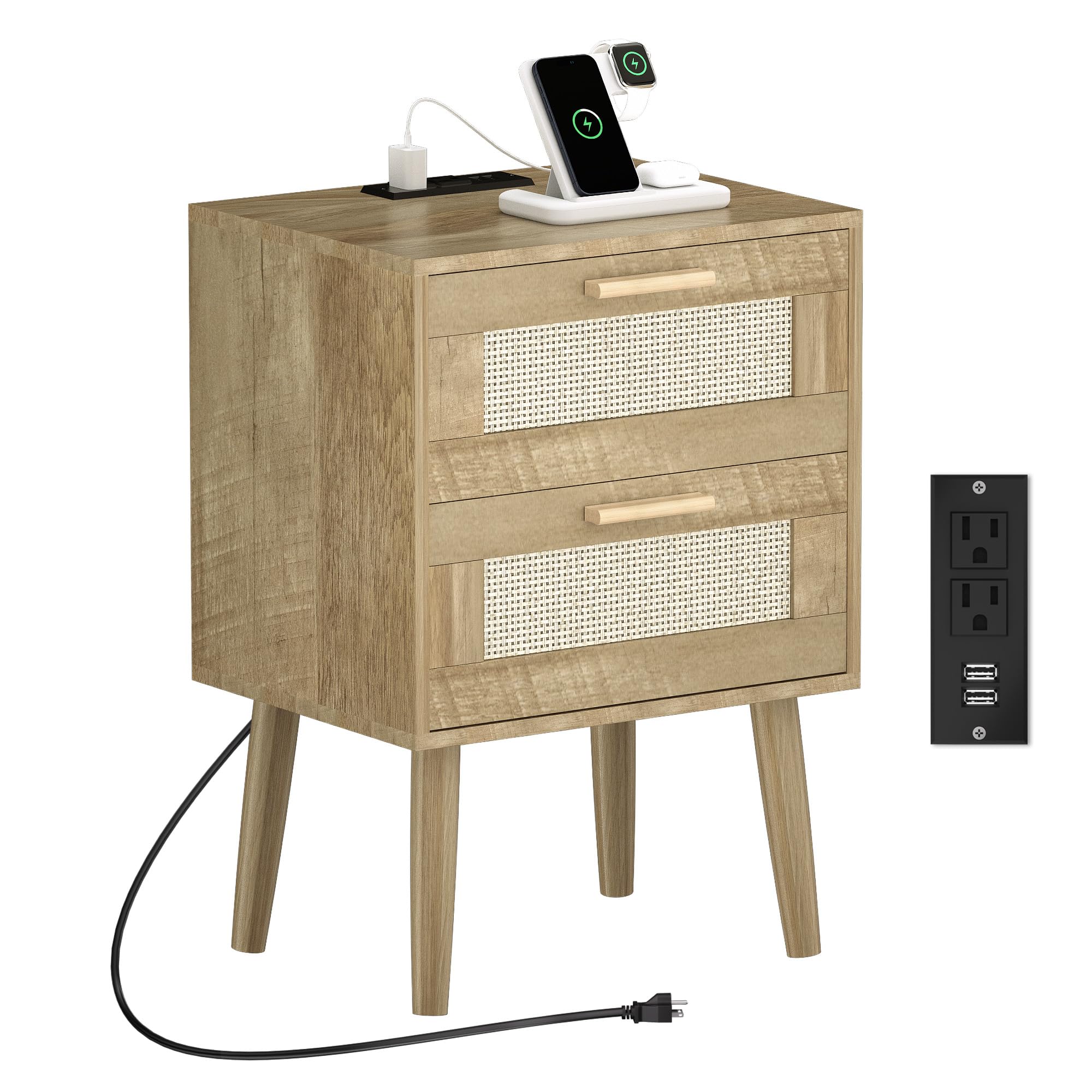 Comodino con stazione di ricarica, comodino in rattan con gambe in legno massello, comodino con porte USB e prese USB, tavolino da letto, tavolino per camera da letto, soggiorno