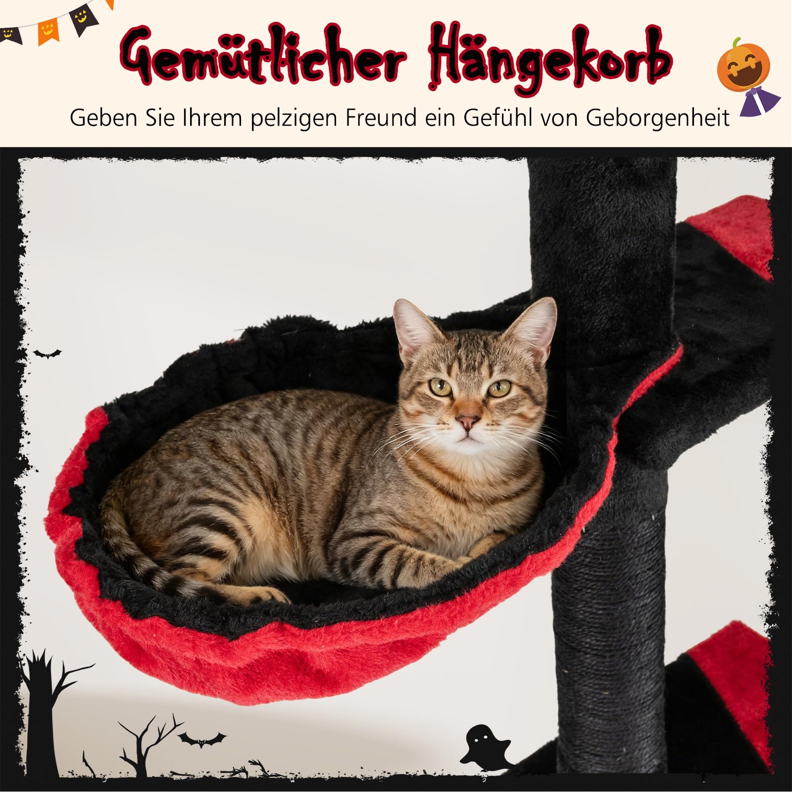 COSTWAY Drapak na sufit, 245-300 cm, od podłogi do sufitu, gotycki Halloween, 5-piętrowy drapak dla kotów, drapak na dużą wysokość, drzewo do wspinaczki z sizalowymi słupami, koszykiem, jaskinią i