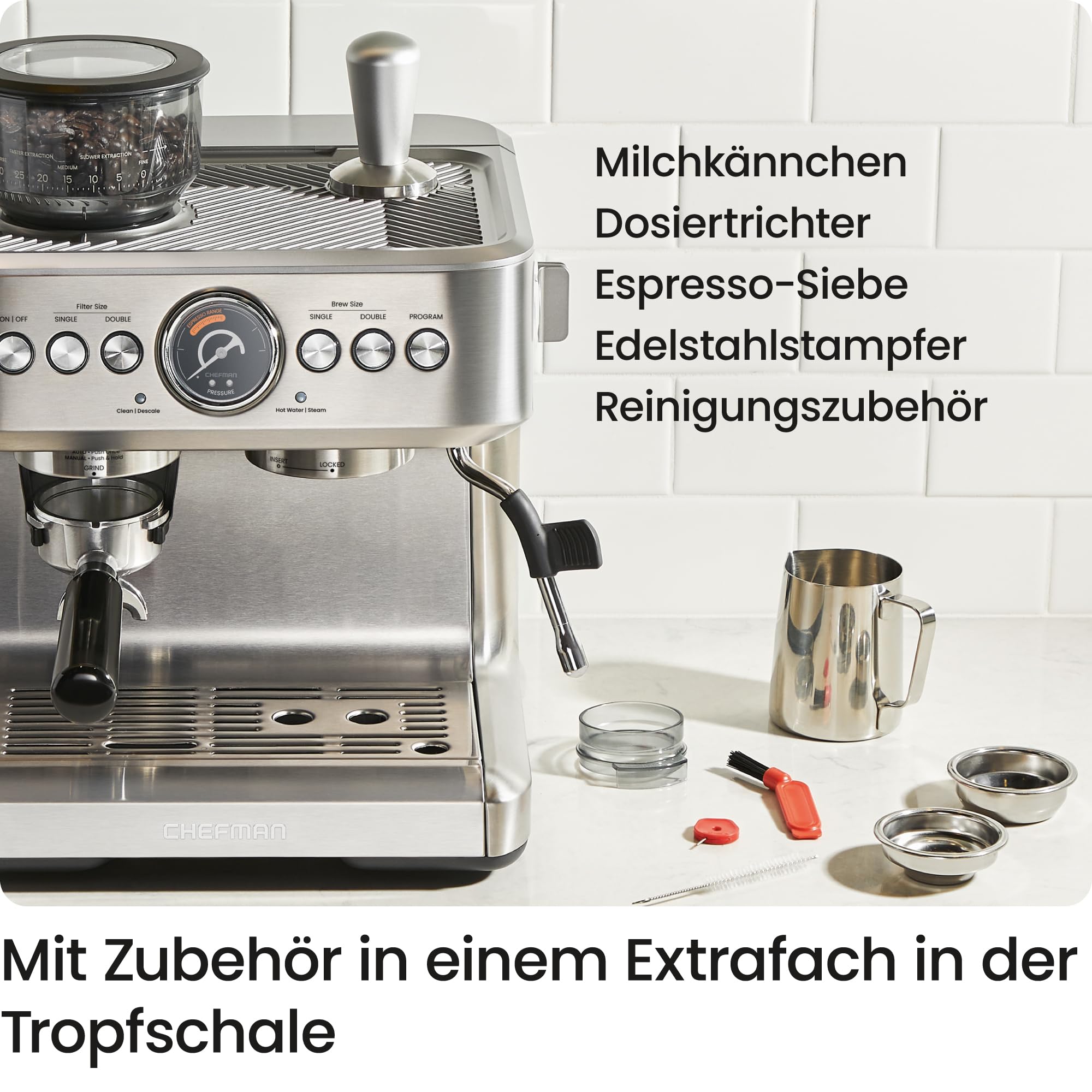 Chefman Crema Supreme 15 Bar Espressomaschine, Kaffeemühle, 30 Mahlgrade | Milchaufschäumer, Barista-Dampfstab, 3L abnehmbarer Wassertank, Edelstahl